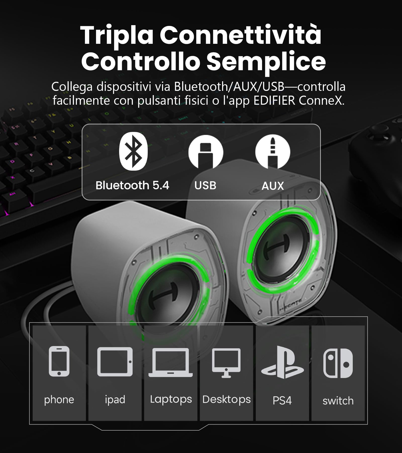 Edifier G1000 II Casse per Computer Gaming, Driver Full-Range da 2,5 Pollici con Bassi Potenziati, Bluetooth 5.4 via USB-C/AUX, 9 Modalità RGB Dinamiche, Compatte per PC/PS5/Switch (Nero)