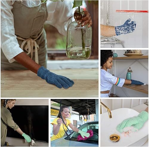 Miniatura 4 de Patelai 2 pares de guantes de microfibra para plantas, guantes de limpieza de polvo, manoplas de casa, autos, persianas para polvo (azul, grande)