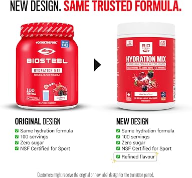 BioSteel Zero Sugar Hydration Mix, Great Tasting Hydration with 5 Essential Electrolytes, Mixed Berry, 100 Servings per Tub