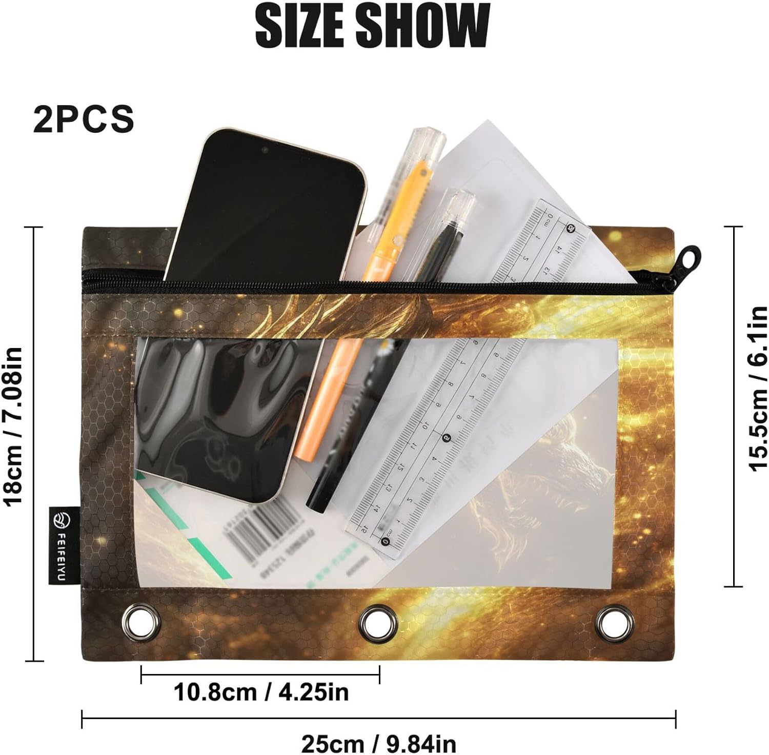 Dragon Golden Light Binder Pouches 3 Ring for Boys Girls School Office College Supplies Dinosaur Monster Dino Pencil Pouches Case Bag with Clear Window and Zipper 2 Pack image 3
