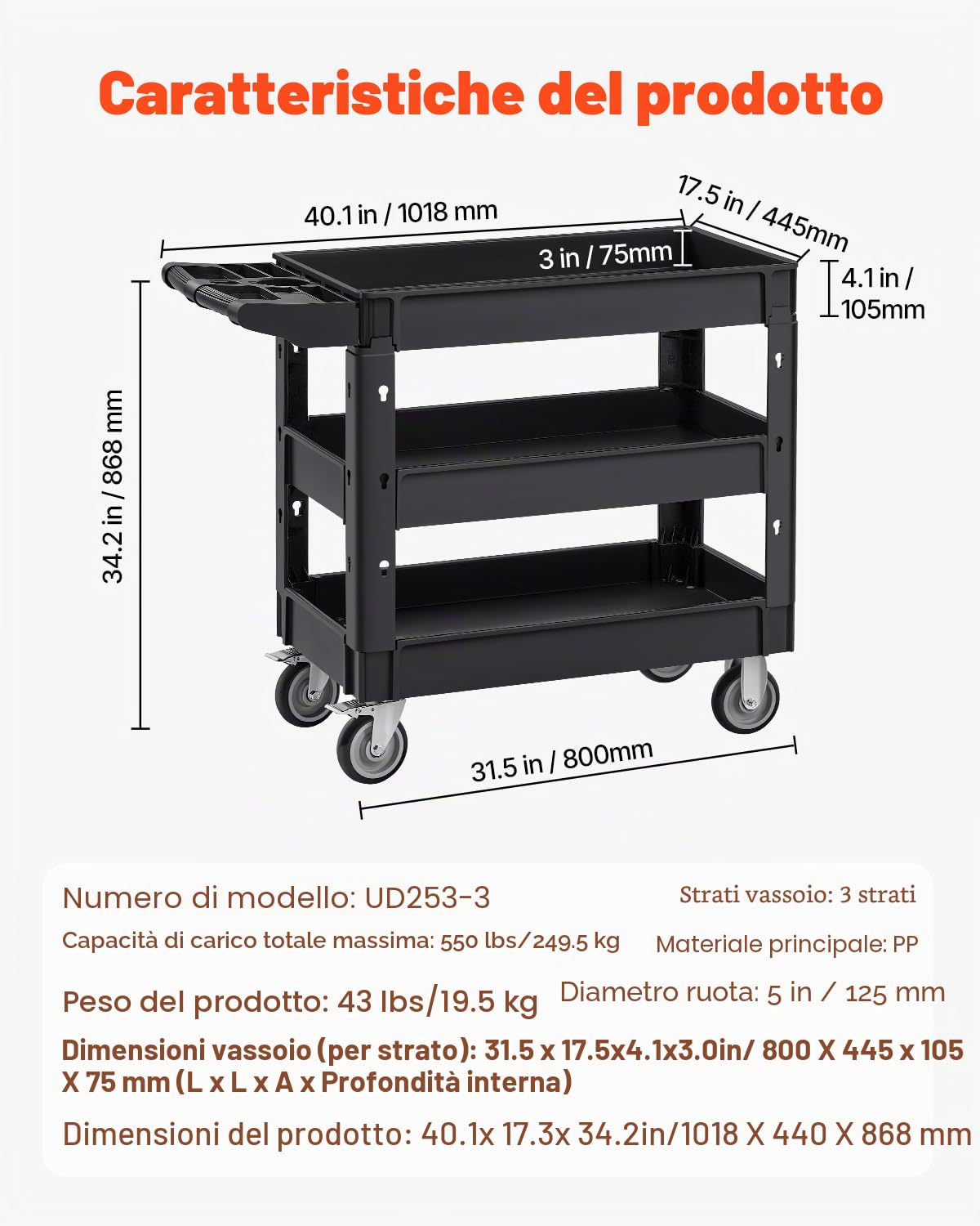 VEVOR Carrello di Servizio 103x43,5x85,7cm Carrello a Mano Multiuso 3 Ripiani Capacità Totale 249kg, Carrello a Portata Ruote Girevoli 360° 2 Ruote con Freni, Carrello Portaoggetti da Garage Giardino