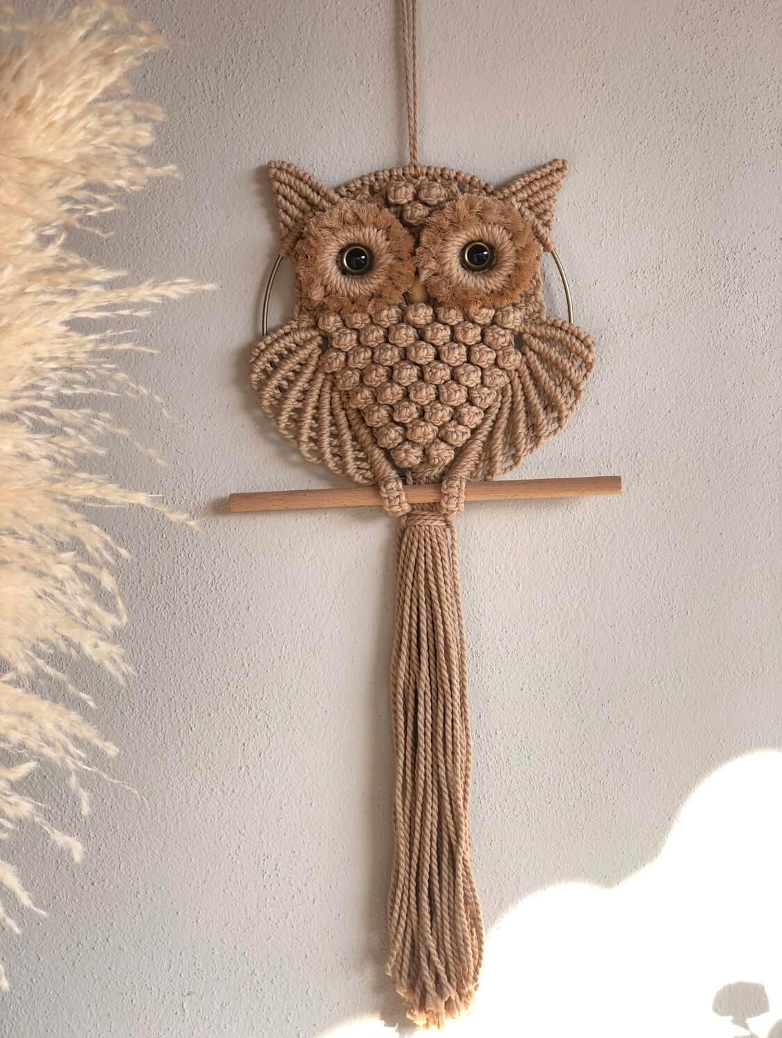 tms Bohemian Owl Macramé Wall Hanging - 12 x 23 Inch - Handcrafted Boho Home Décor with Natural Elements - Boho Chic Accent for Home, Office, or Living Room (Beige)