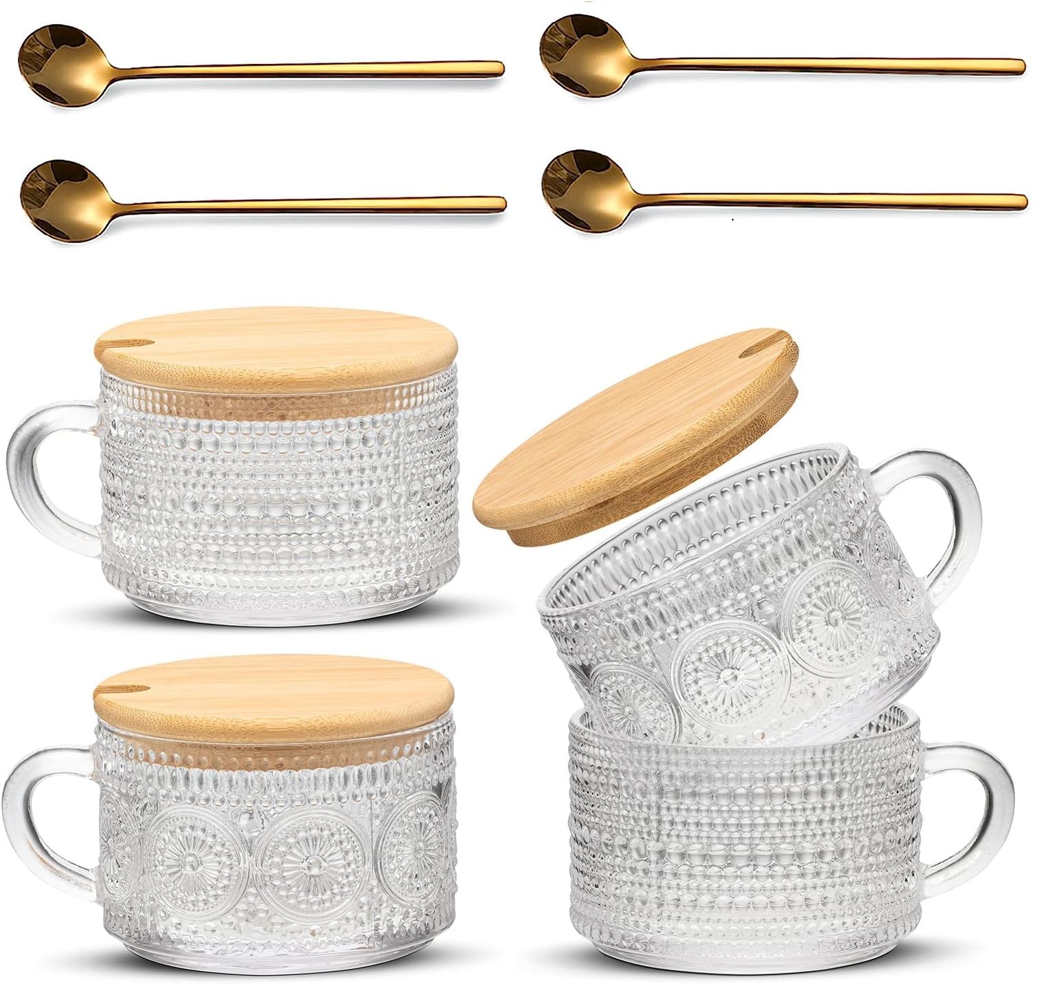 Beauenty14oz Vintage Coffee Mugs,Overnight Oats Cups Set, Clear Embossed Glass Coffee Cups with Lids and Spoons, Cute Coffee Bar Accessories, Iced Coffee Glasses,Ideal for Cappuccino,Tea,Latte (4PCS)