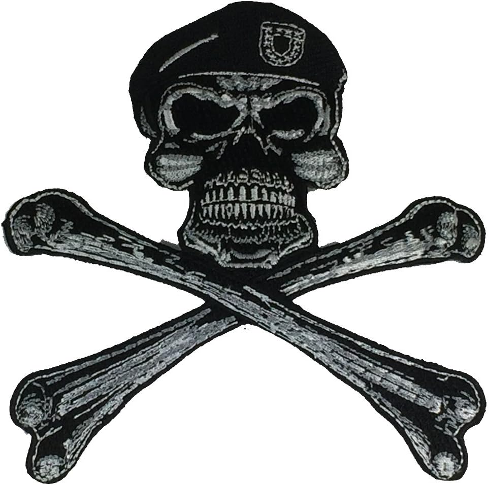 US Army Skull and Crossbones with Beret Patch Black and White - Veteran Owned Business
