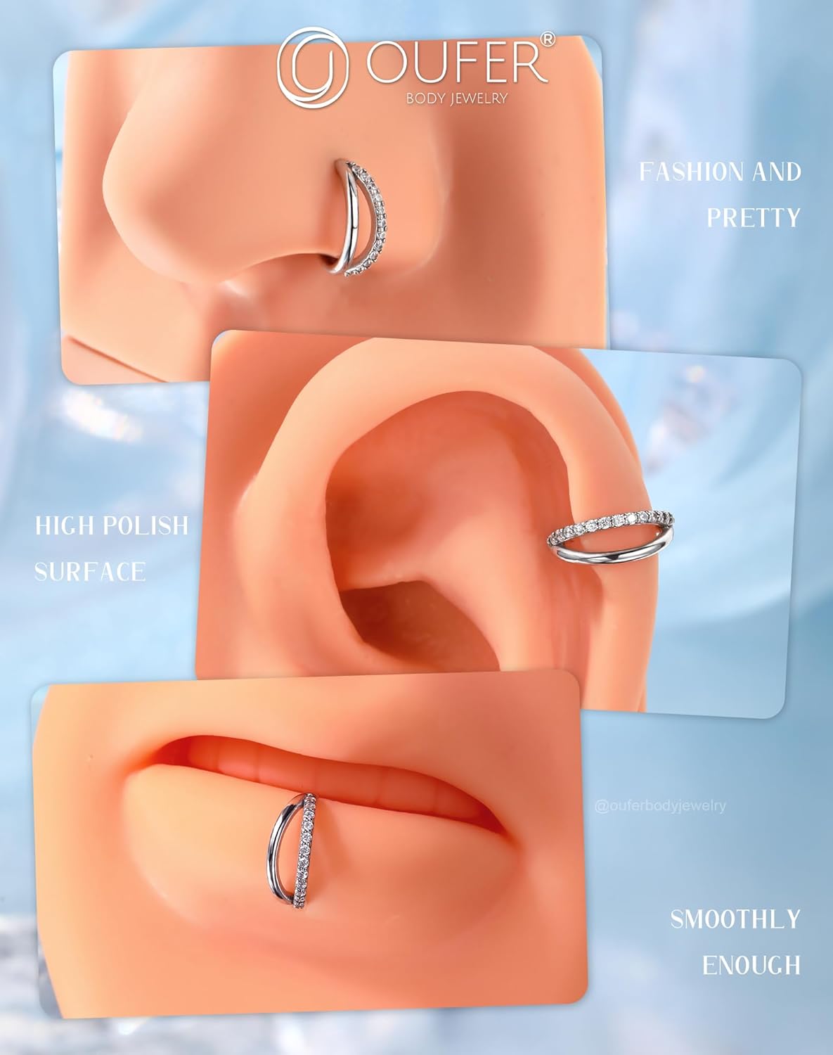 OUFER Double Hoop Nose Rings, 925 Sterling Silver Nose Rings Hoops, Hinged Segment CZ Helix Piercing Jewelry, 18G Septum Clicker Lip Rings, Cartilage Rook Tragus Daith Conch Piercing Jewelry-8MM - Image 8