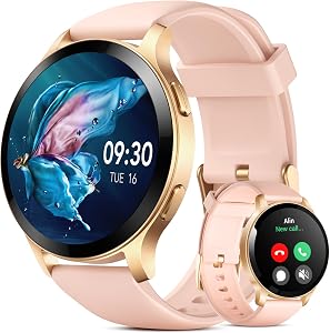Ceas inteligent de damă Parsonver cu ecran tactil HD de 1,43 inchi, funcție de apelare, monitorizare fitness, pedometru, monitorizare somn, puls, IP68, compatibil iPhone iOS, roz