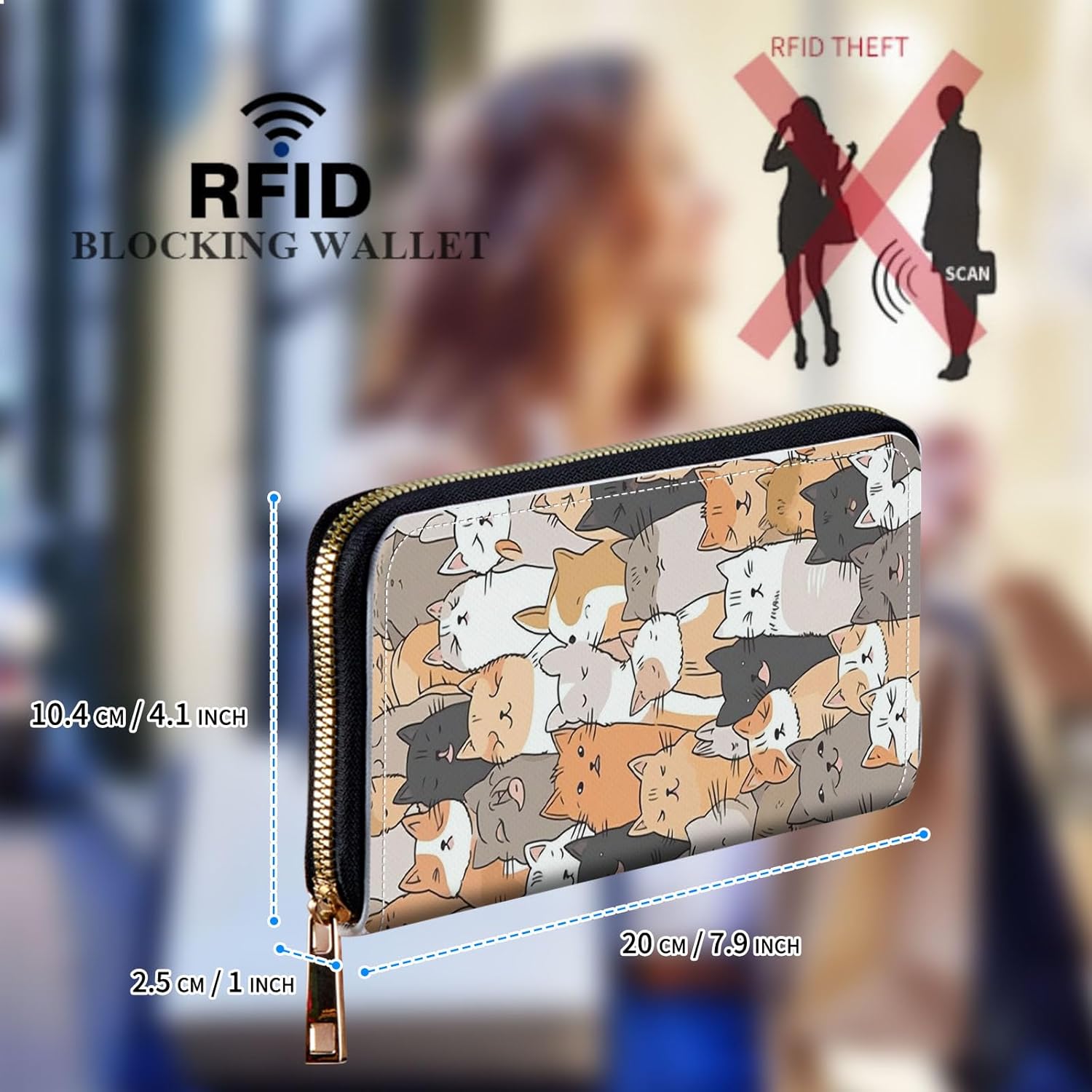 Womens Wallet, Large Capacity RFID Blocking PU Leather Wristlet Wallets for Women Ladies Men Credit Card Holder Zipper Wallet Phone Holder Clutch Travel Purse, Funny Cute Cats - Image 2