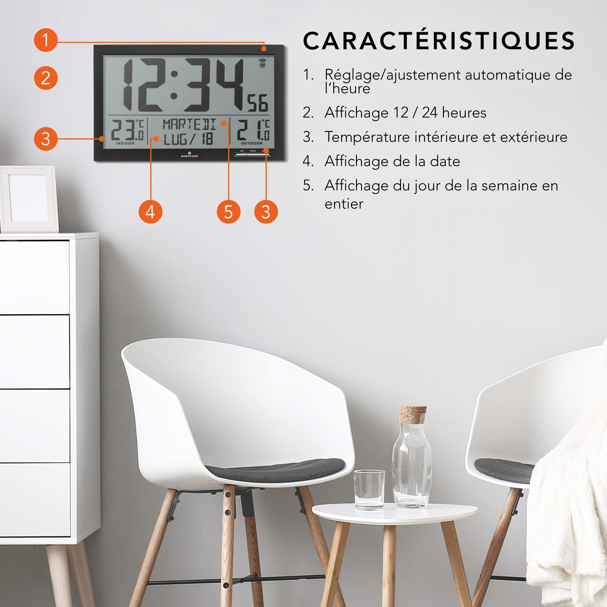 Marathon Denver-Horloge Murale Radio-pilotée-Horloge numérique Grand écran-Calendrier Radio-piloté-Grand Affichage Grands Chiffres-Thermomètre et hygromètre-Livré avec Une sonde météo-Piles incluses