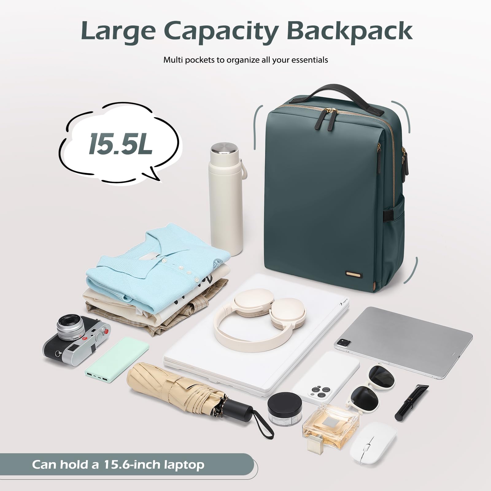 Sac à Dos Ordinateur Portable 15,6 Pouces Voyage Travail École Vert Foncé