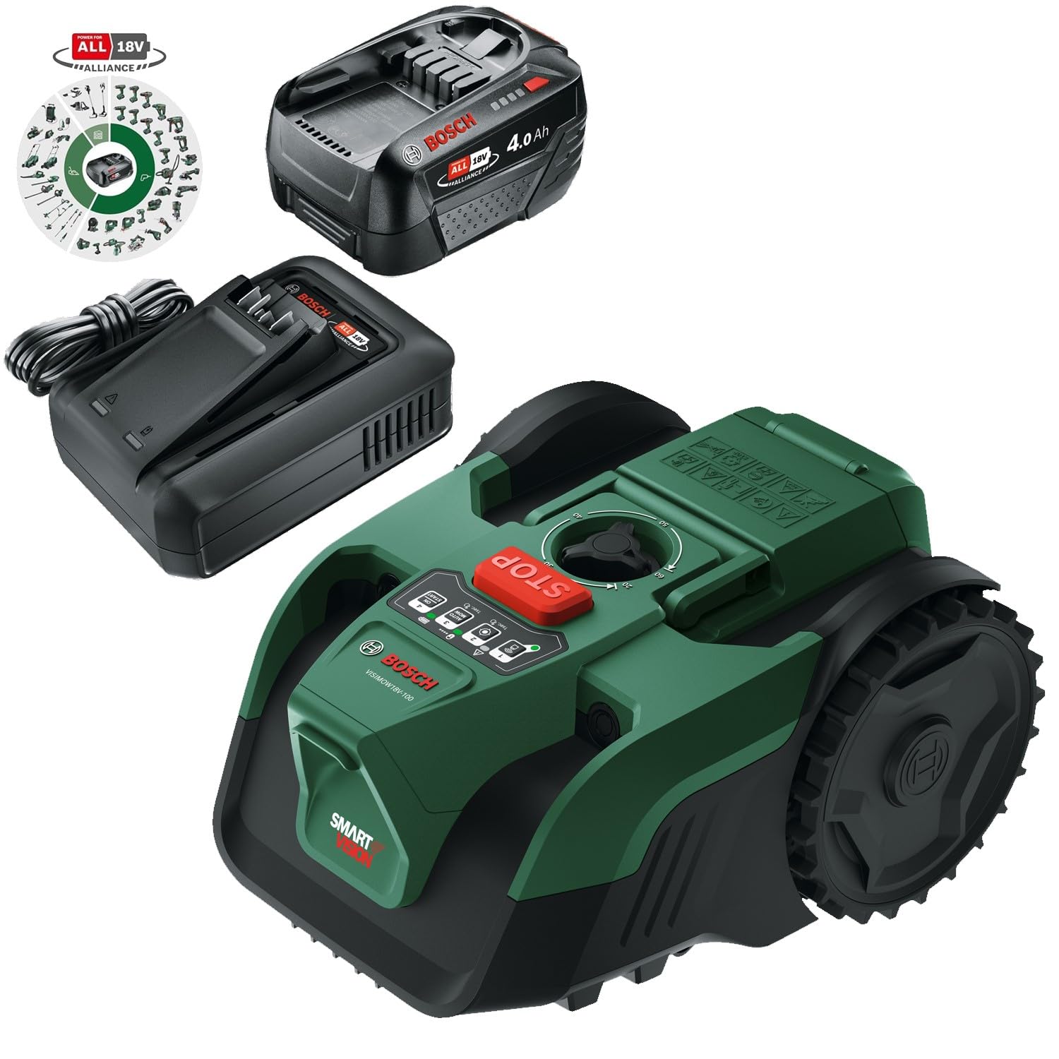 Bosch VISIMOW18V-100 - Robot tosaerba senza fili, per prati fino a 100 m², larghezza di taglio: 16 cm, altezza di taglio: 20-60 mm, batteria e caricabatterie inclusi