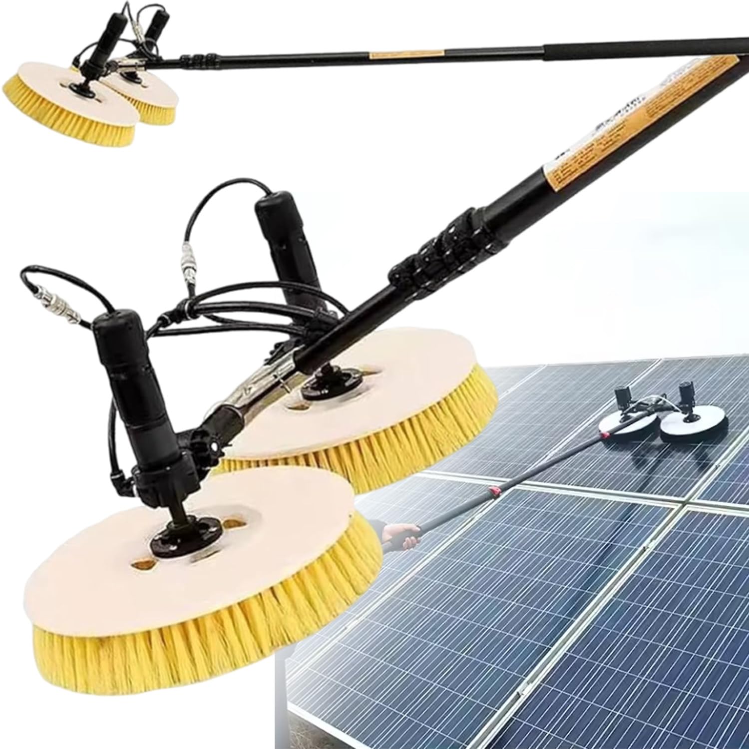 ASerZenith Dual Heads Solar Panel Cleaning Brush Kit, Adjustable Telescopic Rod, 65Cm Reach, Dual Rotating Brushes For Efficient Solar Panel Cleaning,7.5M