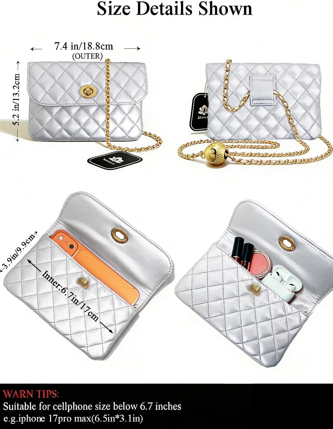 Leather Chain Belt Bag for Women Silver Crossbody Waist Purse Fanny Pack Fashion Waist Packs Evening Clutch Mini Handbag Bag Chain Detachable - Image 3