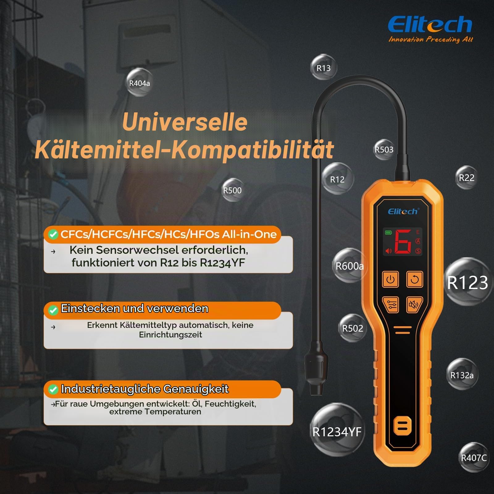 Elitech Diode Kältemittel Lecksucher, R134a/R1234yf-Lecksuchegerät, Präziser HVAC-Leckdetektor für Kühlschränke/Klimaanlagen/Automobilindustrie/Wärmepumpen