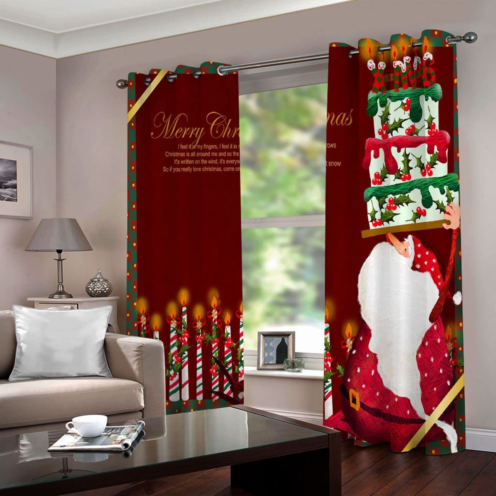 Tenda Occhielli Candele di Babbo Natale con Torta, Tenda X Finestra per Cameretta Bambini, 214x274CM