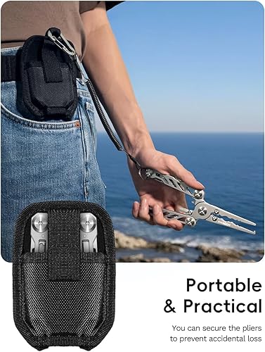 Miniatura 3 de HOOK-EZE Alicates de pesca plegables, multiherramienta 5 en 1 resistente al agua salada con cortadores de línea de tungsteno, removedor de ganchos,