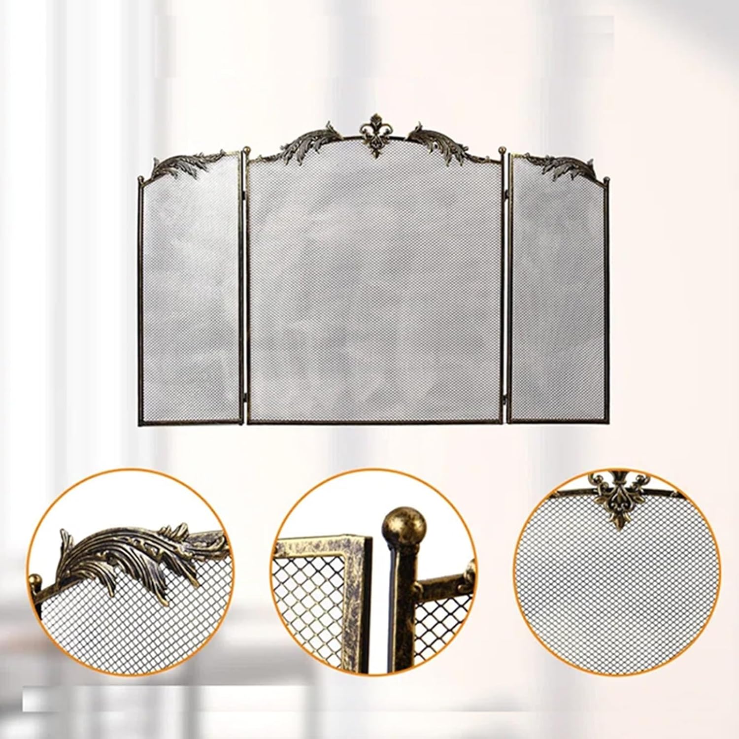 Antique 3-Panel Fire Screen, Spark Guard with Hollow Carving, Distressed Finish, Elegant Living Room Decor for Charcoal Fireplaces, Safety & Style Upgrade