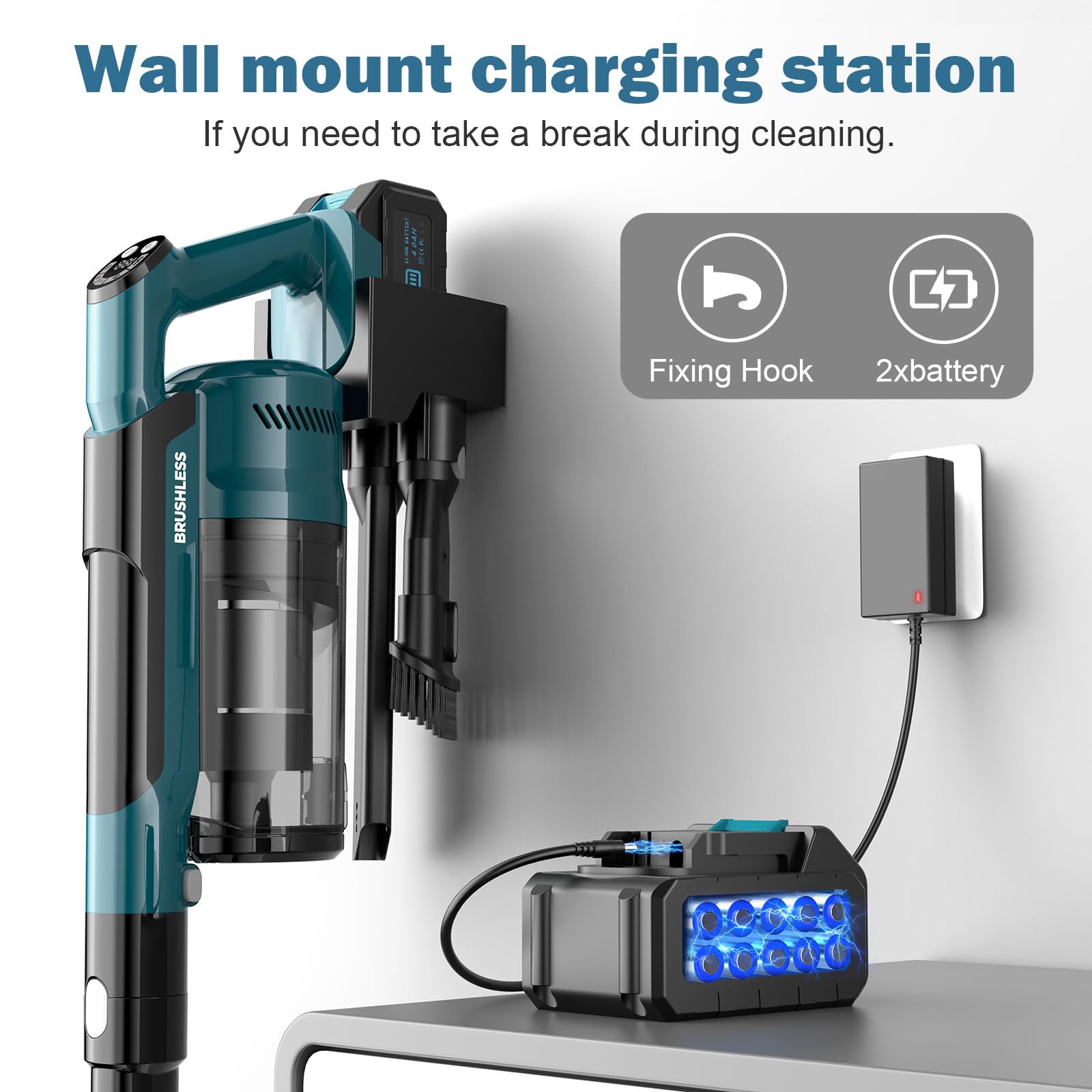 Akku Staubsauger, 60KPA/700W/70Mins Staubsauger Kabellos, 1,8L Großer Staubbecher, Anti-Tangle-Bürste, 3 Saugdüsen HEPA-Filter LED-Licht für Tierhaare Teppiche Hartböden Auto Bettspalte