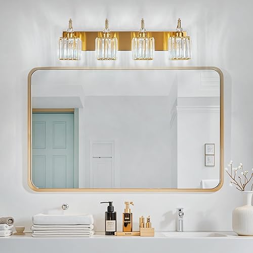 Miniatura 6 de Luces de tocador de cristal doradas con 4 luces de baño, lámparas sobre espejo, lámpara de tocador moderna para baño