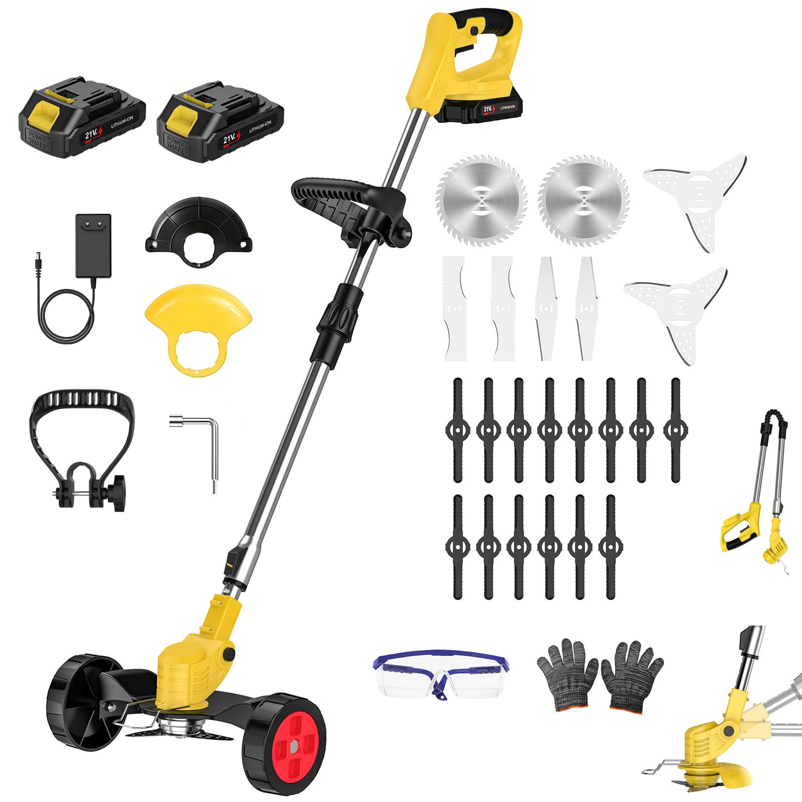 Desbrozadora con 2 Baterías,380W Desbrozadora Electrica Plegable (Amarillo) | 3 en 1 Cortabordes Electrico,4 Tipos de Cuchillas,Longitud Retráctil,Desbrozadora para Cortar Césped de Jardines y Arbustos