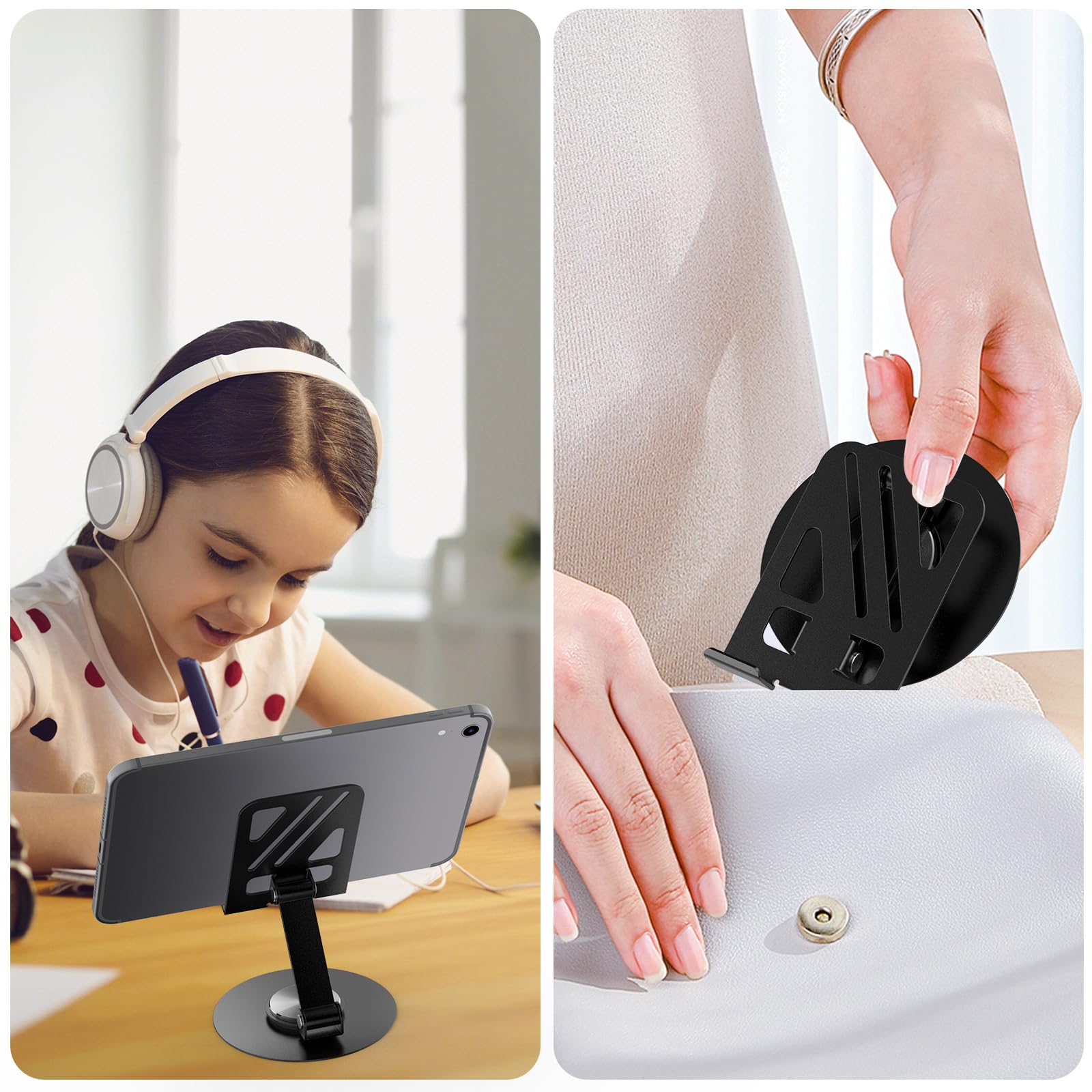 Support De Téléphone/tablette De Bureau Pliable - Métal, Réglable En Hauteur Et Angle, Base Rotative 360°