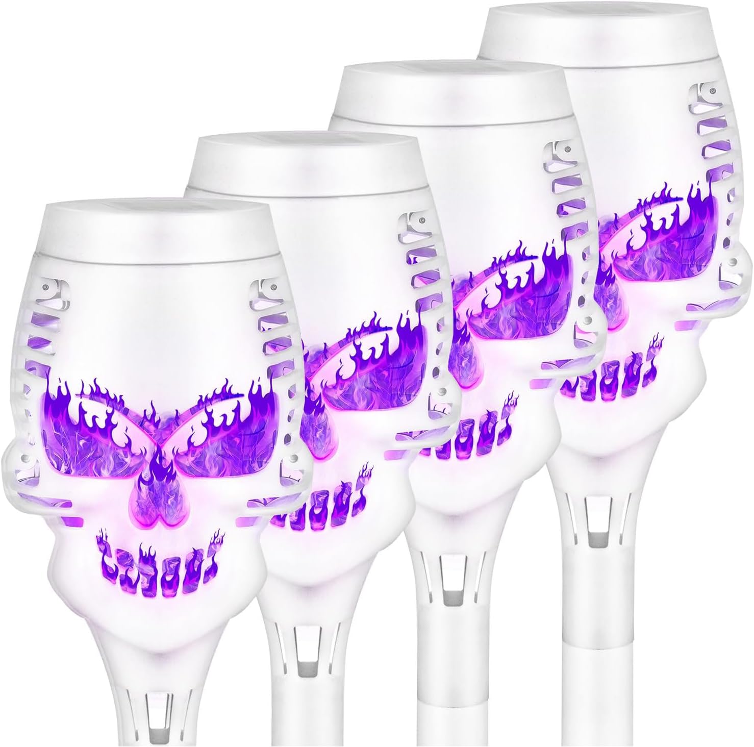 4pcs Solar Lights Outdoor, Solar Torch Skull Lights with Flickering Purple Flame, IP65 Waterproof Halloween Decorations for Outdoor Halloween