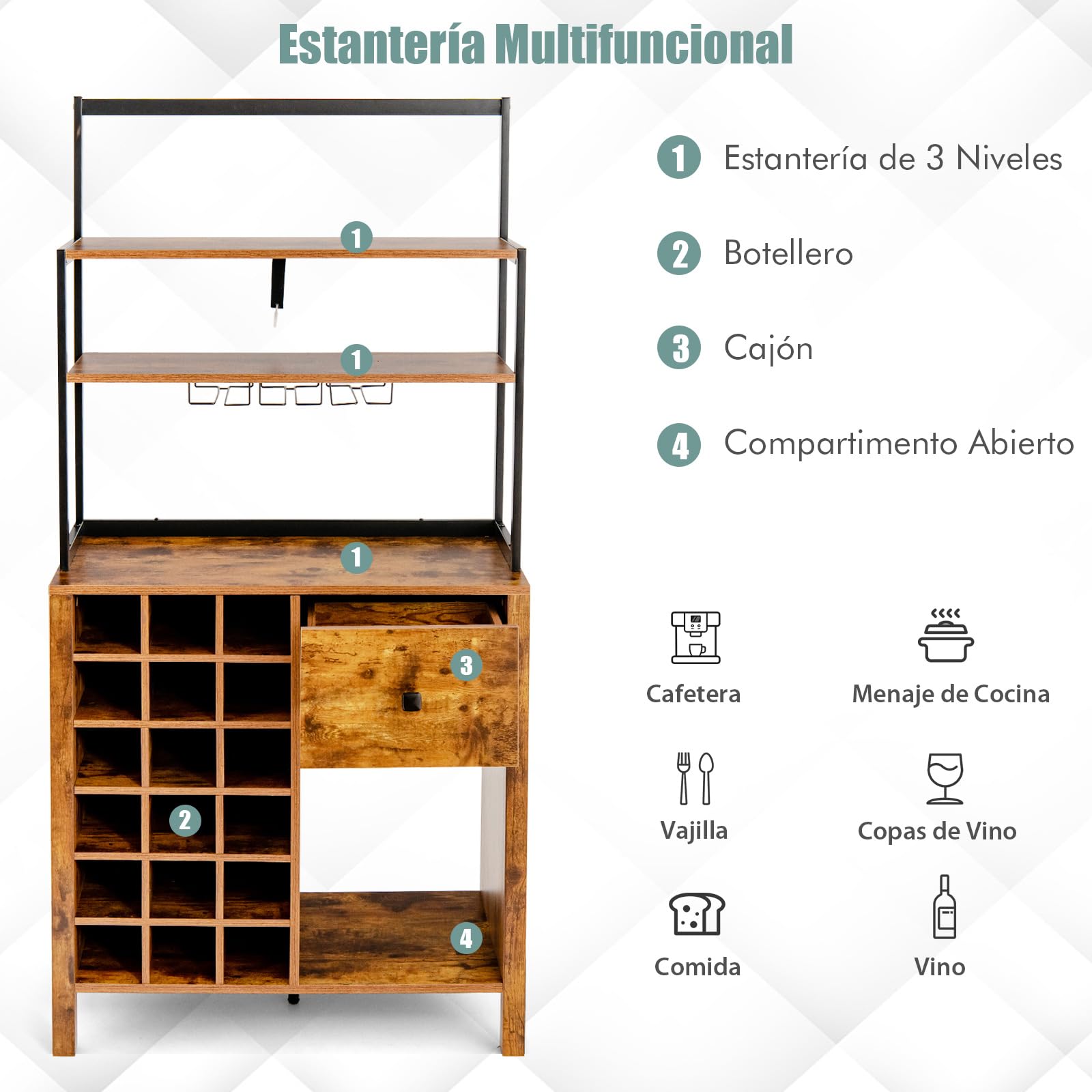 COSTWAY Estantería para Vinos de 4 Niveles, Estante Industrial para Vinos con Botellero para 18 Botellas, Cajón, Soporte para Copa de Vino, Soporte para Microondas para Cocina, Comedor, 78x40x160 cm
