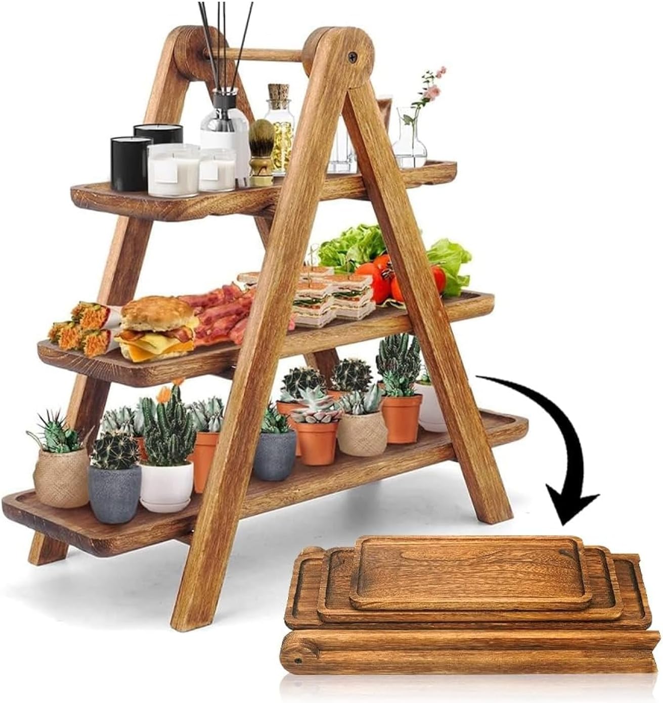 Amerteer 3 Tiered Wooden Tray Stand | Farmhouse Three Tier Rustic Cupcake Wood Stands | Large Serving Display Tray | Kitchen Ottoman Decorative, Charcuterie Board, Breakfast, Home, brown