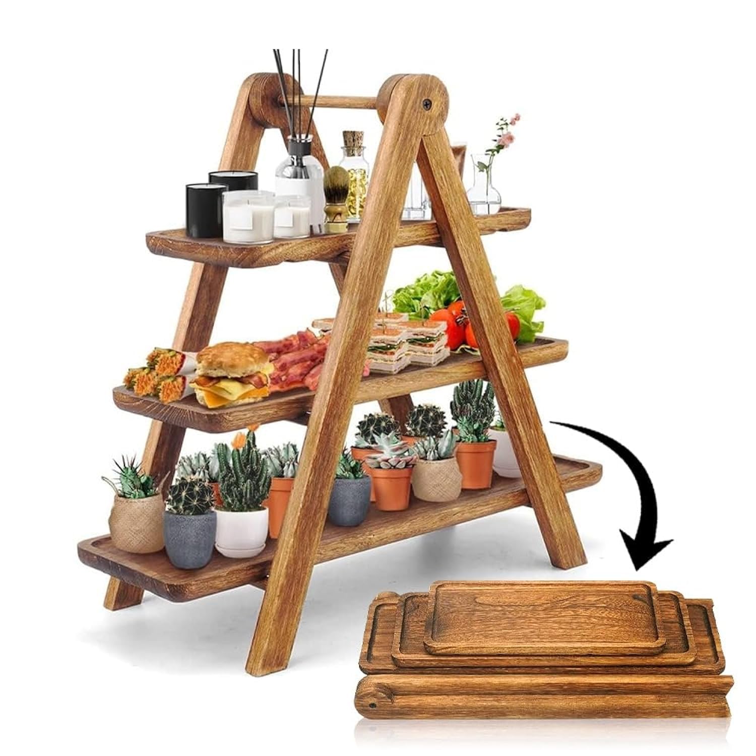 Amerteer 3 Tiered Wooden Tray Stand | Farmhouse Three Tier Rustic Cupcake Wood Stands | Large Serving Display Tray | Kitchen Ottoman Decorative, Charcuterie Board, Breakfast, Home, brown