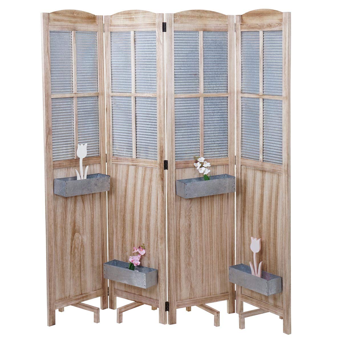 Mendler Paravent HWC-D26 Pflanzkörbe, Raumteiler Trennwand spanische Wand Sichtschutz, Holz Metall 170x161x29cm
