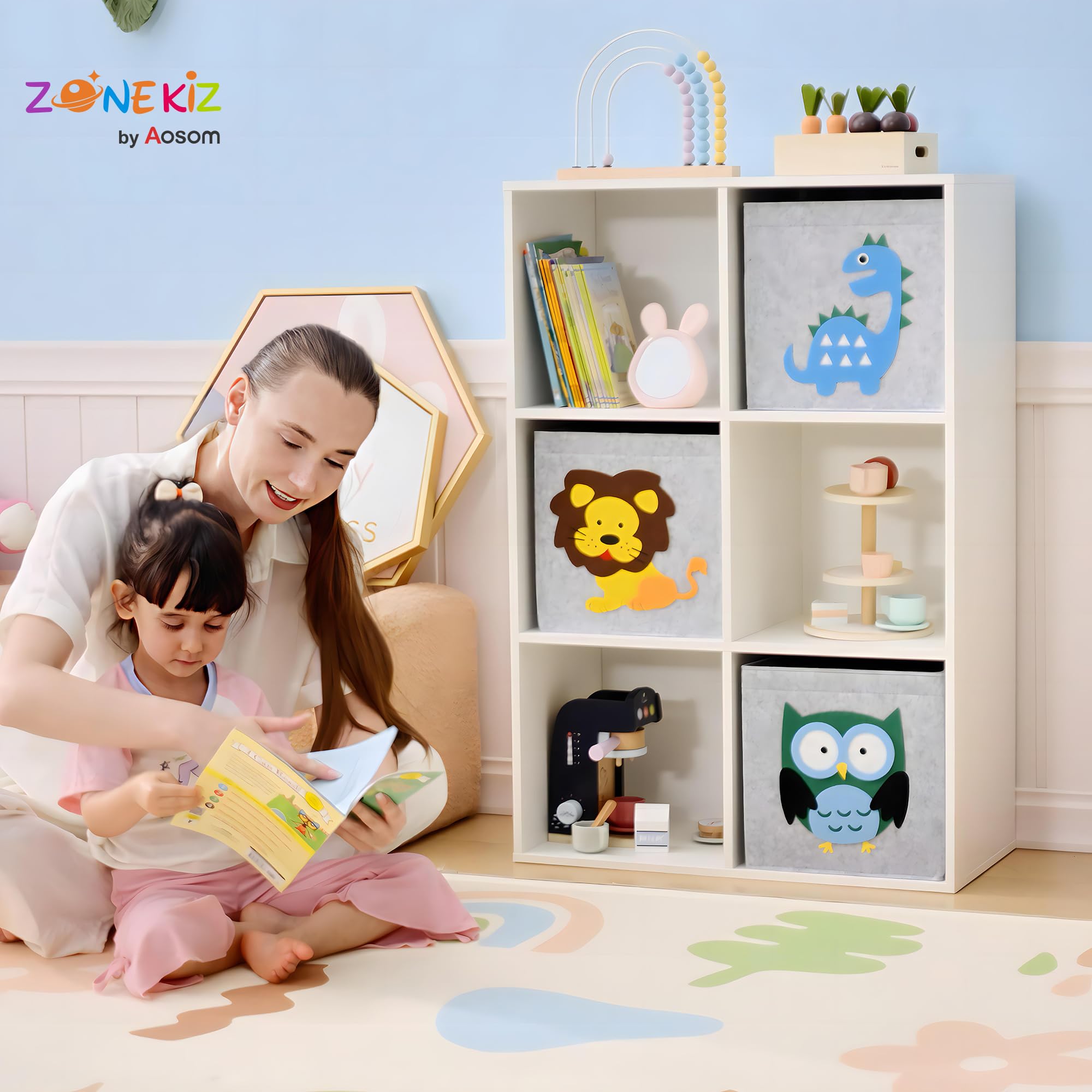 ZONEKIZ Meuble de Rangement pour Enfant, étagère pour Chambre d'enfants, bibliothèque, 6 Cases, 3 Cubes paniers en Tissu Motif Animaux pour Salle de Jeux, 62 x 30 x 91,5 cm, Blanc