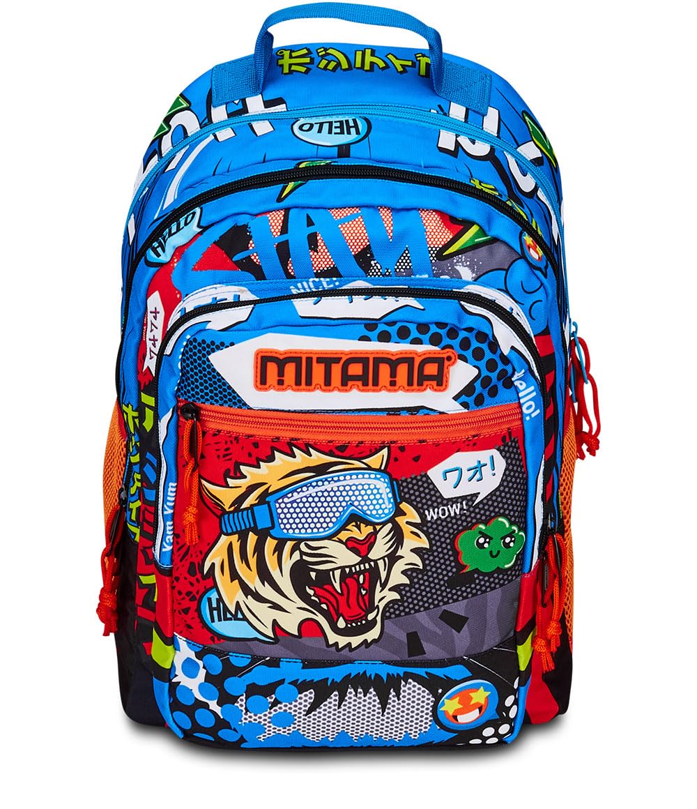 Mitama Zaino Triplo Scomparto Tiger Wild con Tasca frontale, Blu e Nero, Scuola Elementare e Tempo Libero, Bambino Ragazzo