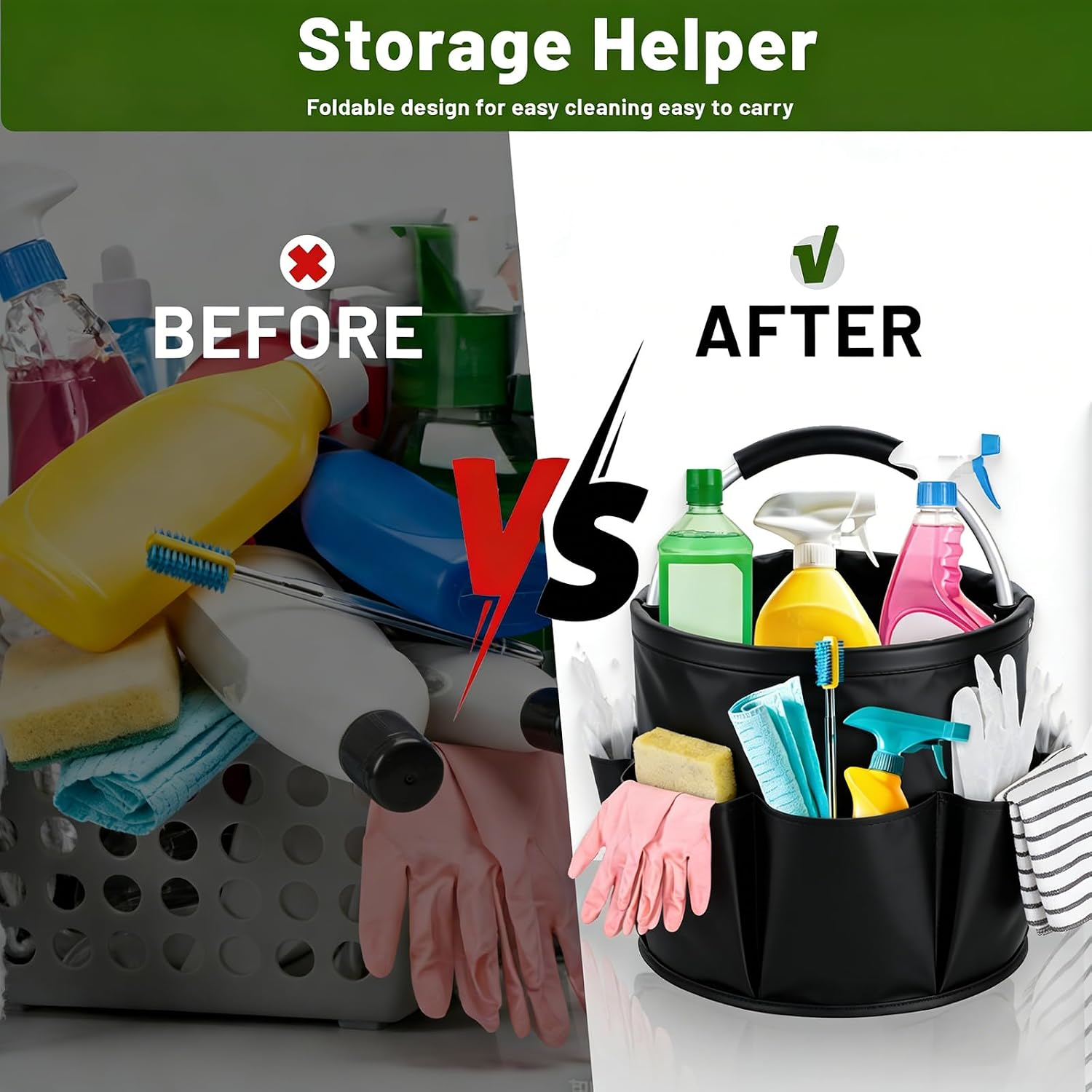 17L Foldable Cleaning Caddy with Handle，Cleaning Products Organiser (Black) image 5