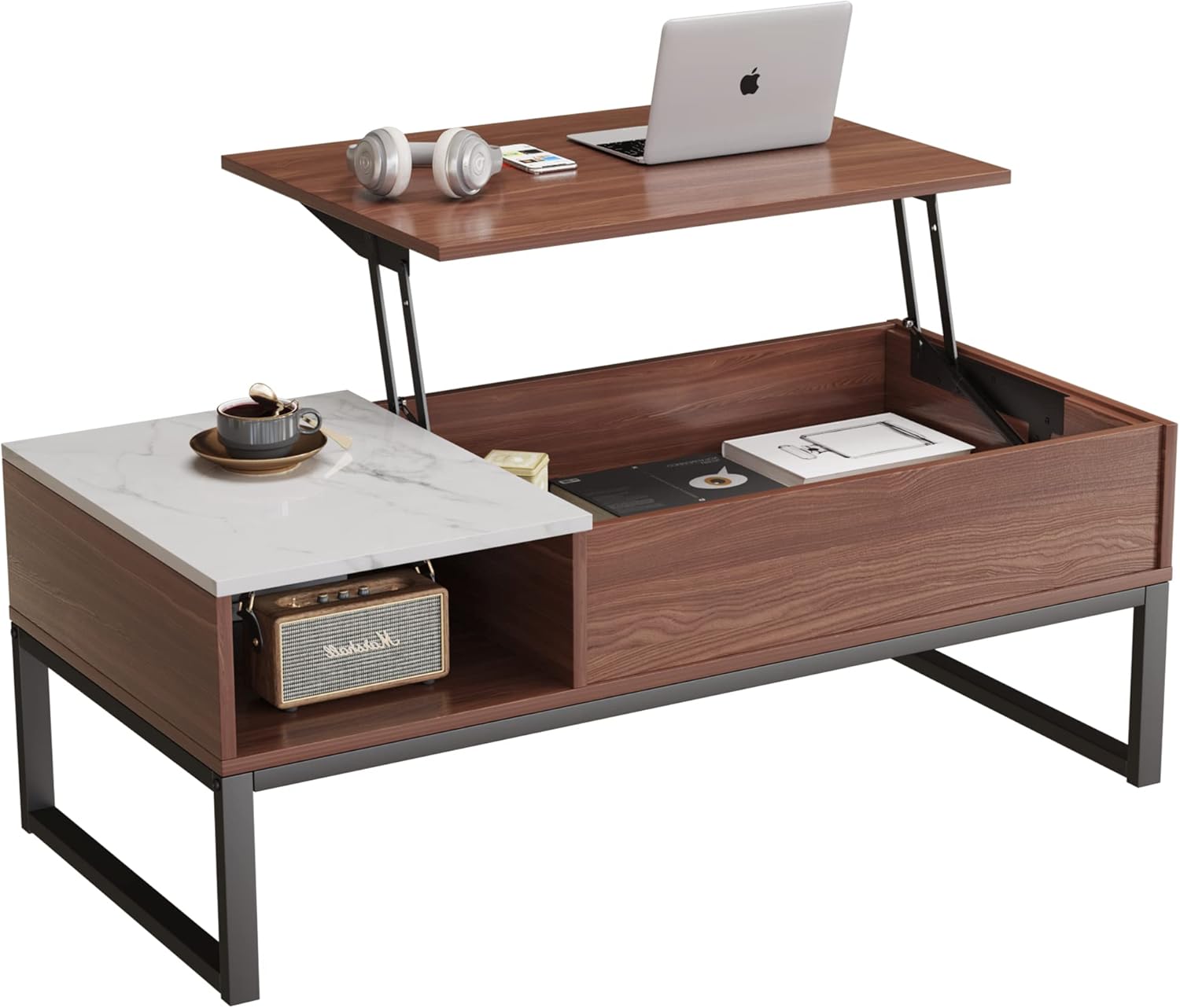 Tbfit Lift Top Coffee Table with Storage, Smart Wooden Coffee Table with Metal Frame