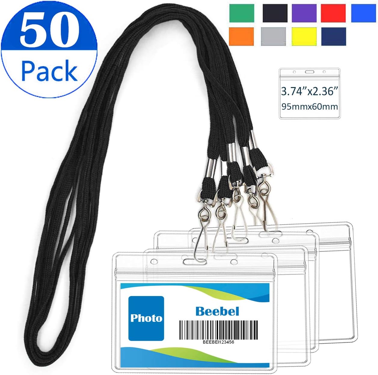 Beebel Lanyard with Waterproof ID Card Holder 50Pcs Clear Plastic Horizontal Name Tags Badge ID Card Holders and 50Pcs Lanyards with Swivel J Hook (Black) - Image 7