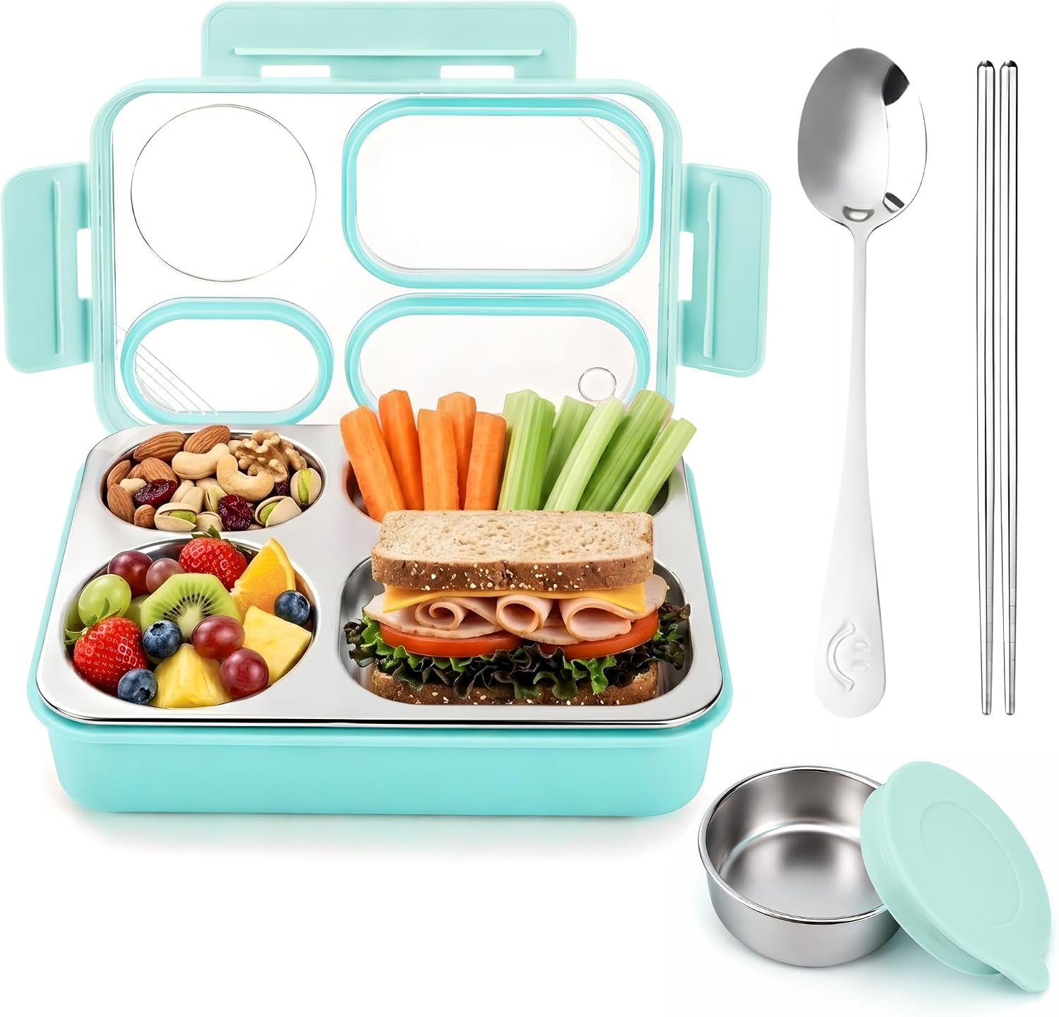 Homaze Kids Stainless Steel Bento Lunch Box, 4-Compartment Food Container with Condiment Cup, Chopsticks and Spoon, Leak-Resistant (Pink)