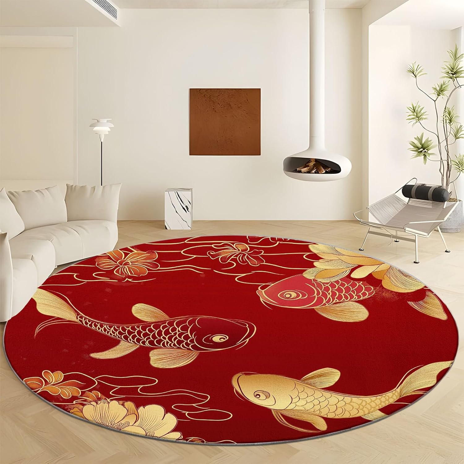 Red Print Round Rug 7' x 7', Chinese Style Fish Peony Flowers Washable Circular Carpet Runner - Non Slip Circle Area Rug 7 ft Carpet Absorbent Mat for Kitchen Living Room Bedroom Decoration