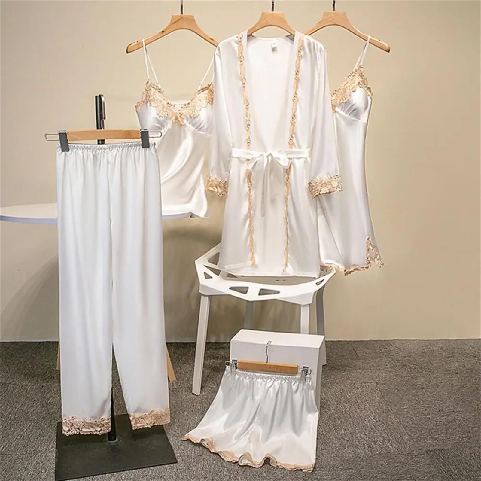 5-teiliges Damen-Pyjama-Set, Nachthemd, Oberteil, Shorts, Hose, seidiger Satin, Spitze, Schnürung, Taille, Nachtwäsche-Set
