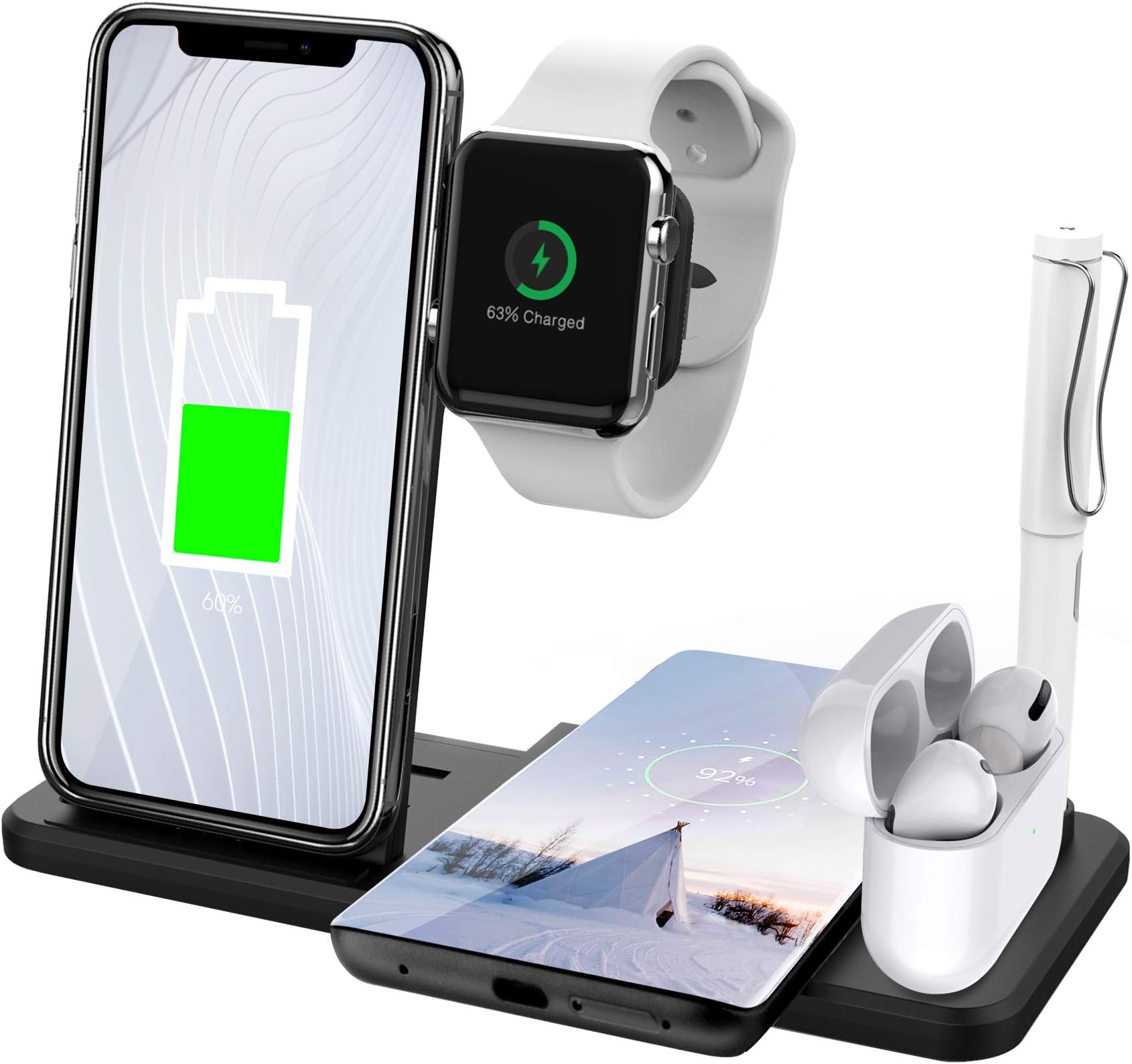 Wireless Charger Stand for Apple Watch 5/6 Airpods Pro, Qi Fast Wireless Charger, 4 in 1 Charging Dock Station Compatible with iPhone 11 12 Pro Max Xr X Xs Max/iWatch 6 5 4 3 2 1/Airpods 1 2