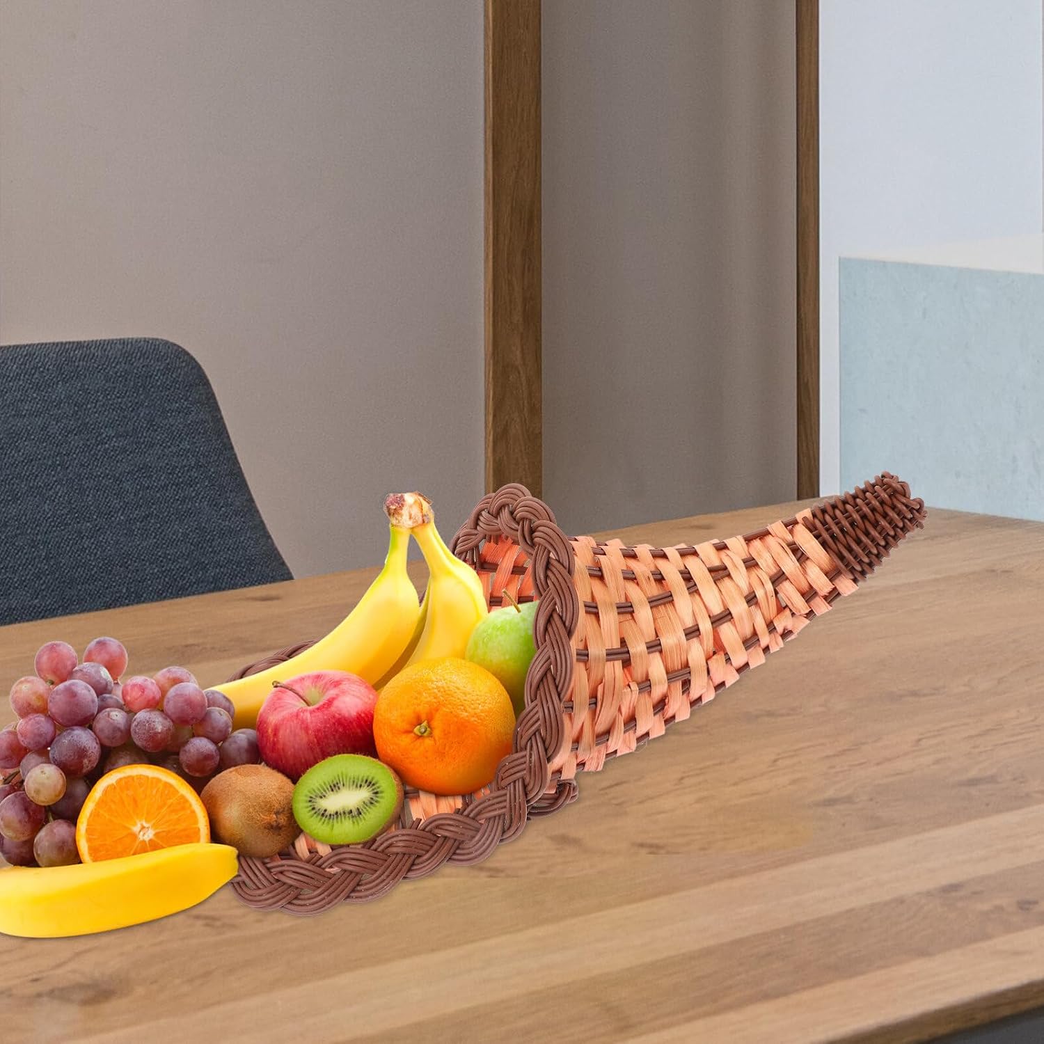 Amosfun Cornucopia Shaped Storage Basket Handwoven Food Holder for Fruits Snacks and Bread Rustic Decorative Centerpiece for Home and Restaurant Use