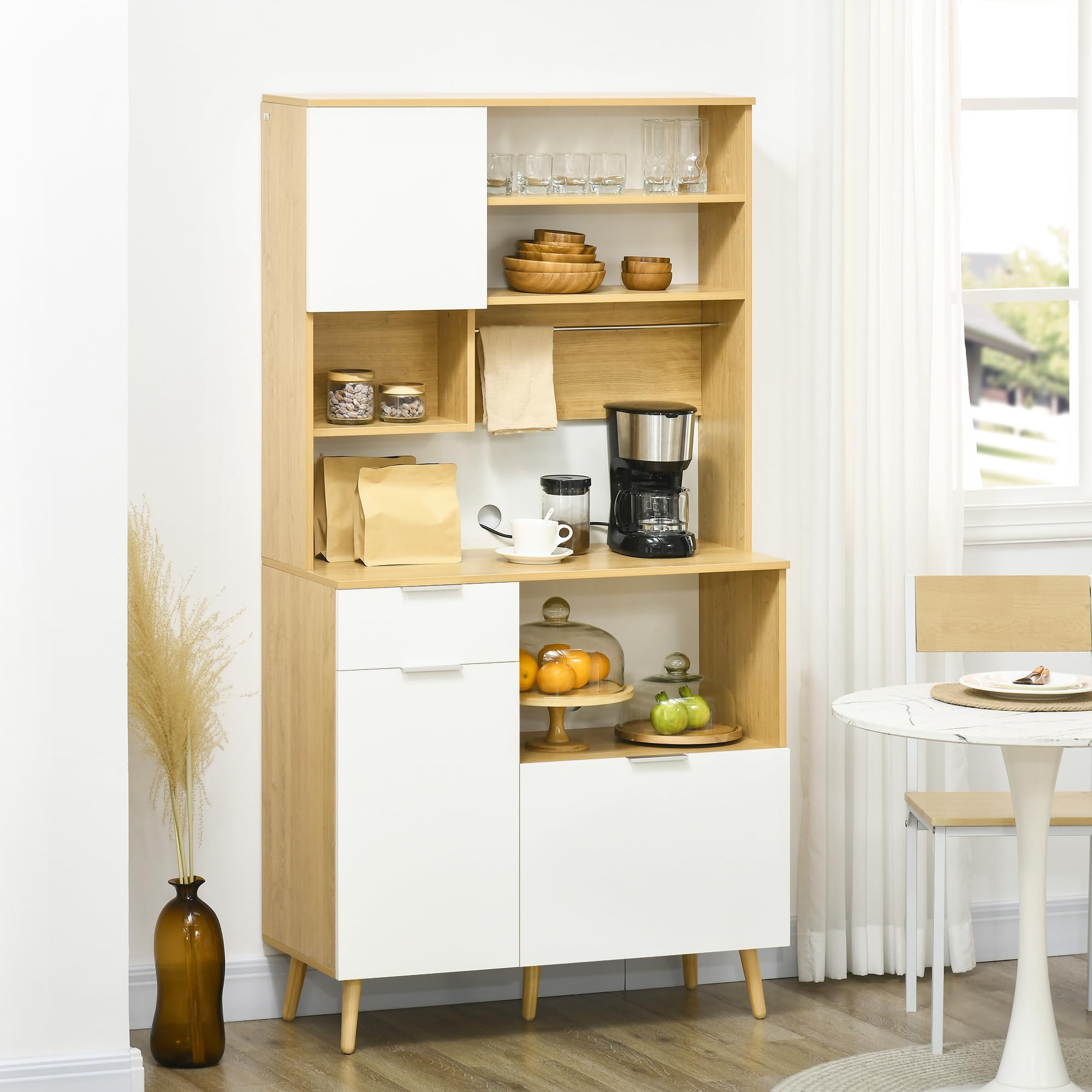 HOMCOM Alacena de Cocina Despensa Armario de Cocina Aparador Alto con 3 Puertas Cajón Estante Ajustable Encimera para Microondas y Toallero 93x40x180 cm Natural y Blanco