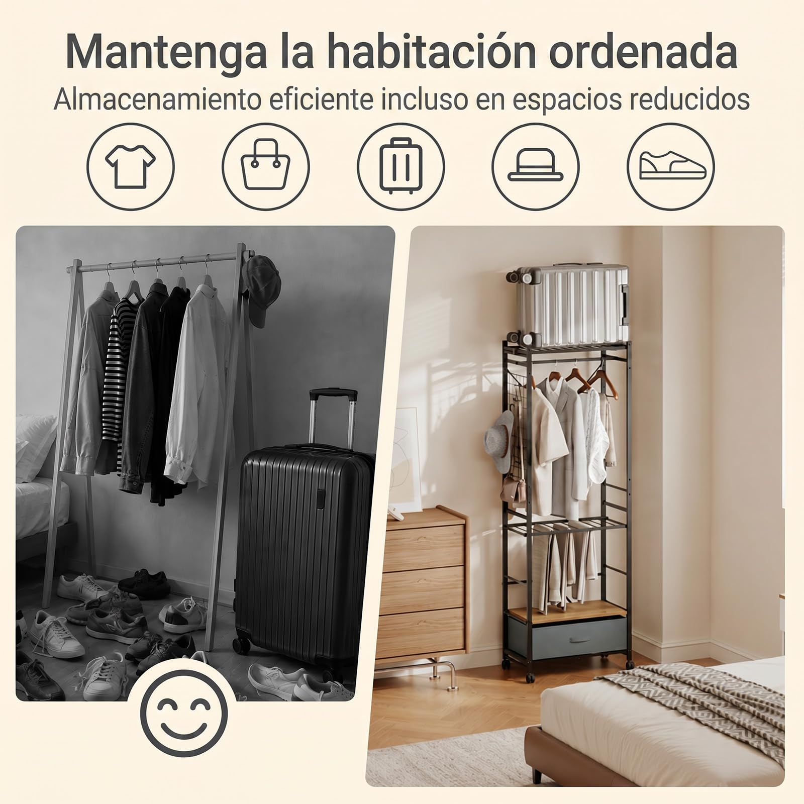 SoBuy Perchero plegable con ruedas & cajón de tela, 60,5x32,5x175 cm | Con portaequipajes & estantes de montaje flexible, para dormitorio pasillo, montaje sin herramientas, Negro, KLS23-SCH
