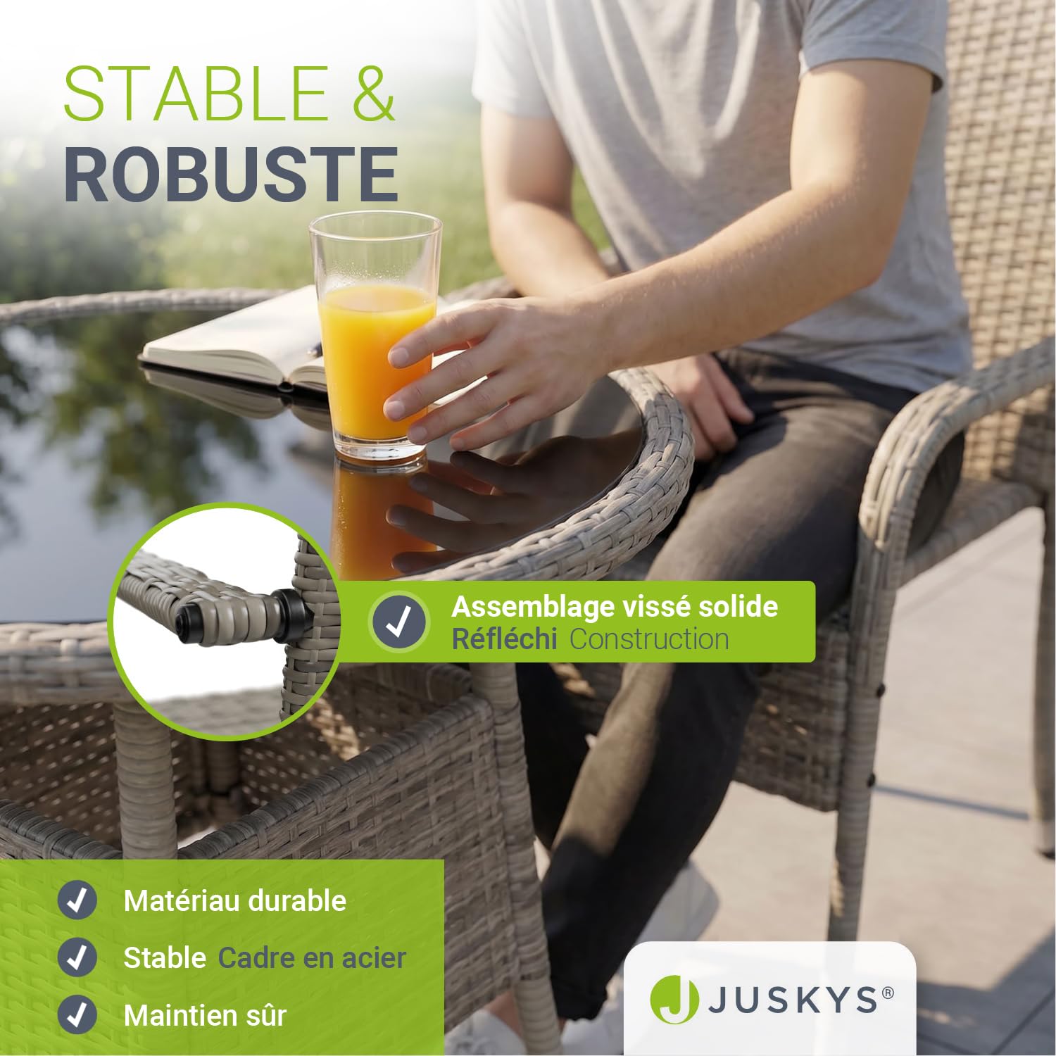 Juskys Ensemble de 4 chaises de Jardin Yoro en rotin avec accoudoirs et Dossier - 4 chaises empilables - Chaise en rotin pour Le Jardin - Chaise empilable Chaise de Balcon Gris chiné