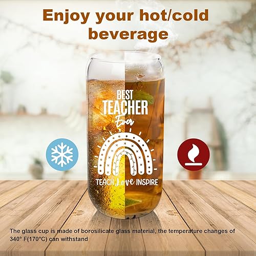 Miniatura 7 de ANOTION Taza de café helado con tapas y pajilla, tazas de vidrio con cubierta de bambú, tazas de café de vidrio de 20 onzas, vasos de café