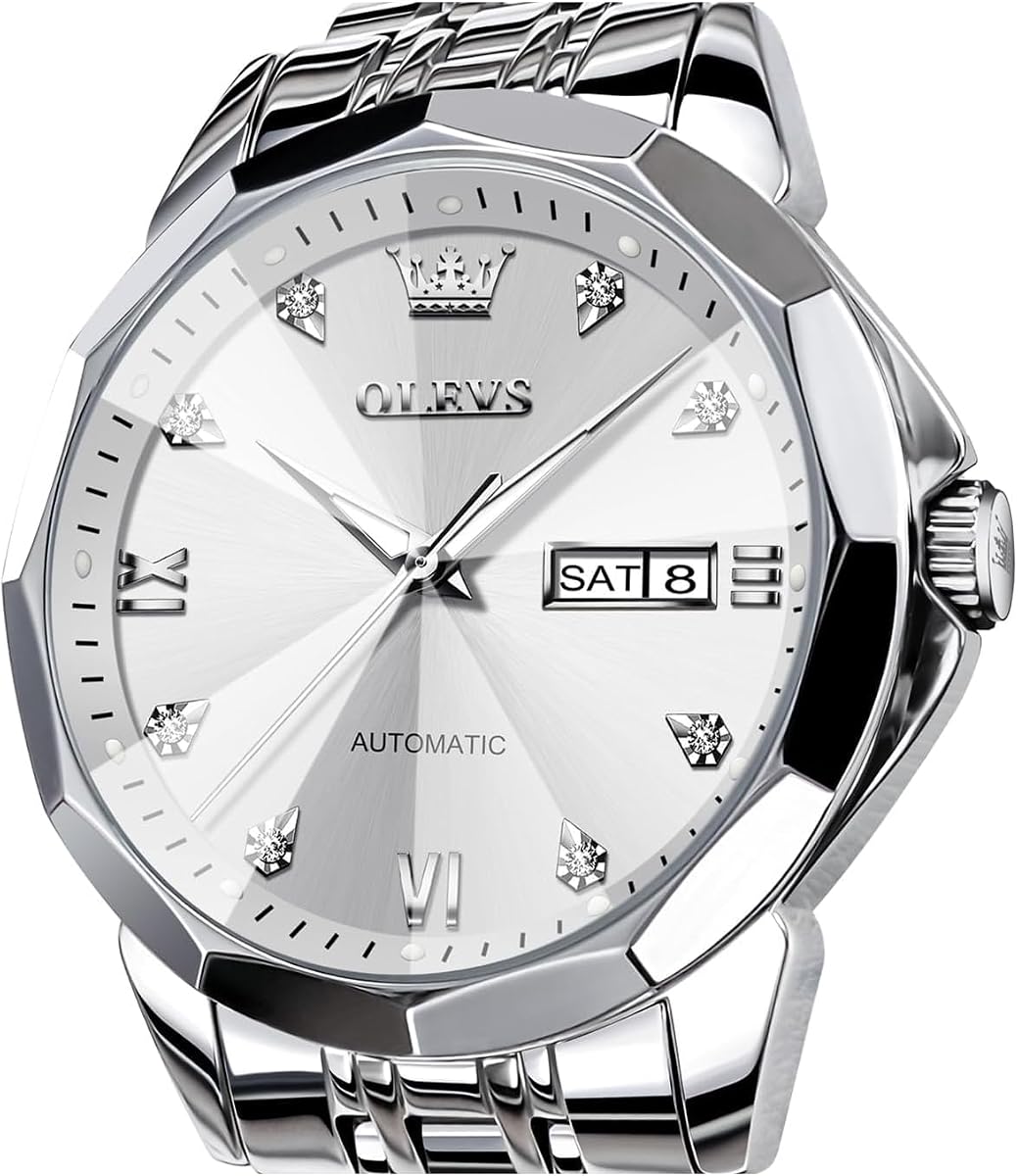 Watch for Men Automatic Classic Mechanical Watch Diamond Mirror Stainless Steel Dress Casual Waterproof Day/Date Calendar