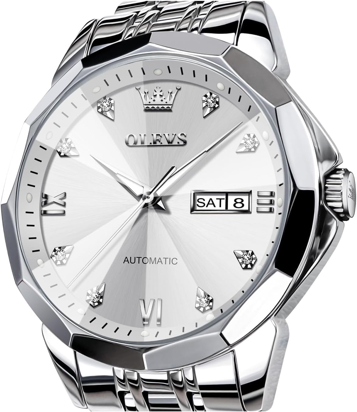 OLEVS Watch for Men Automatic Classic Mechanical Watch Diamond Mirror Stainless Steel Dress Casual Waterproof Day/Date Calendar