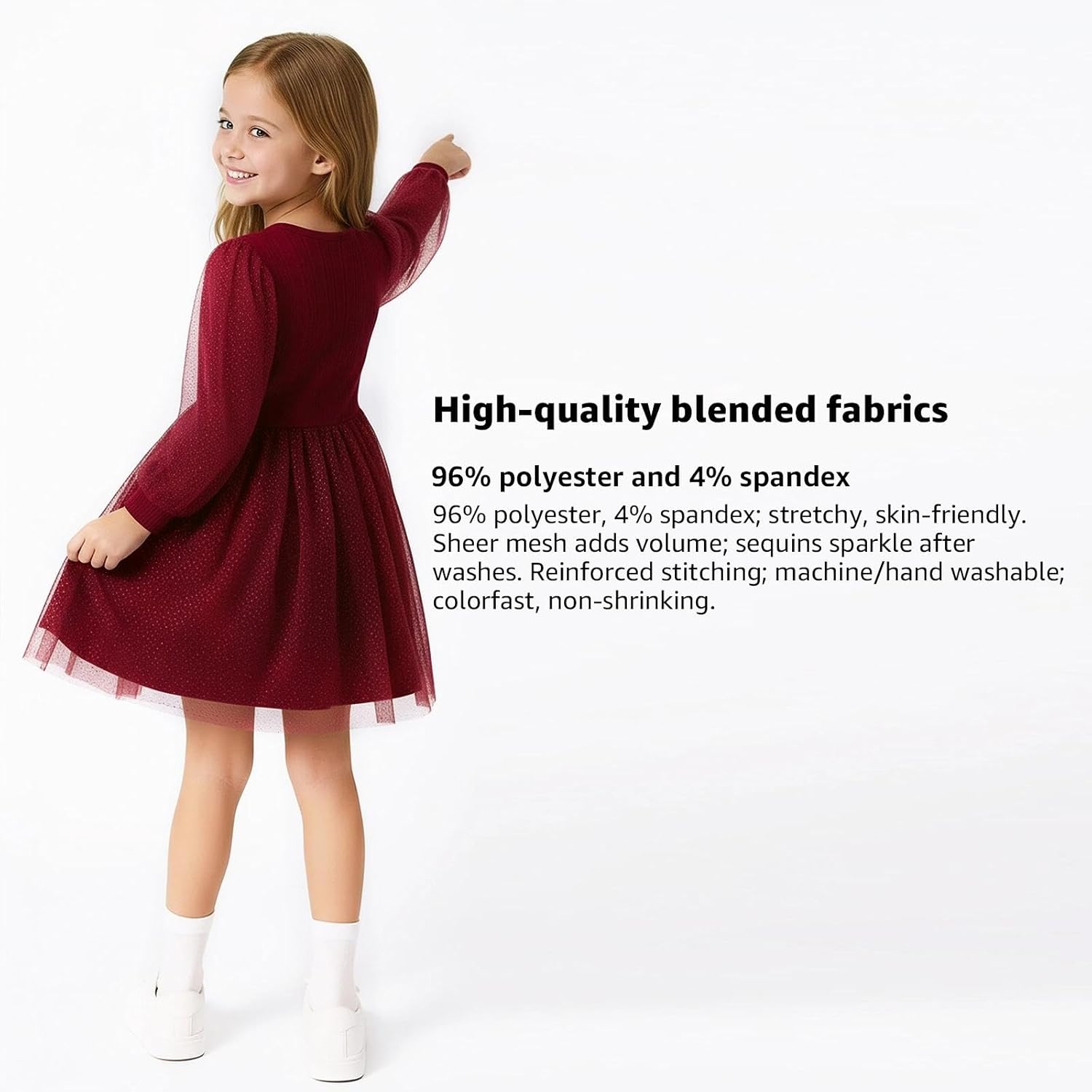 Little Bitty Girls Long Sleeve Sequin Tulle Dress Wave Pattern, Crew Neck Layered Lantern Sleeves Winter Christmas 3-7 Years - Image 5