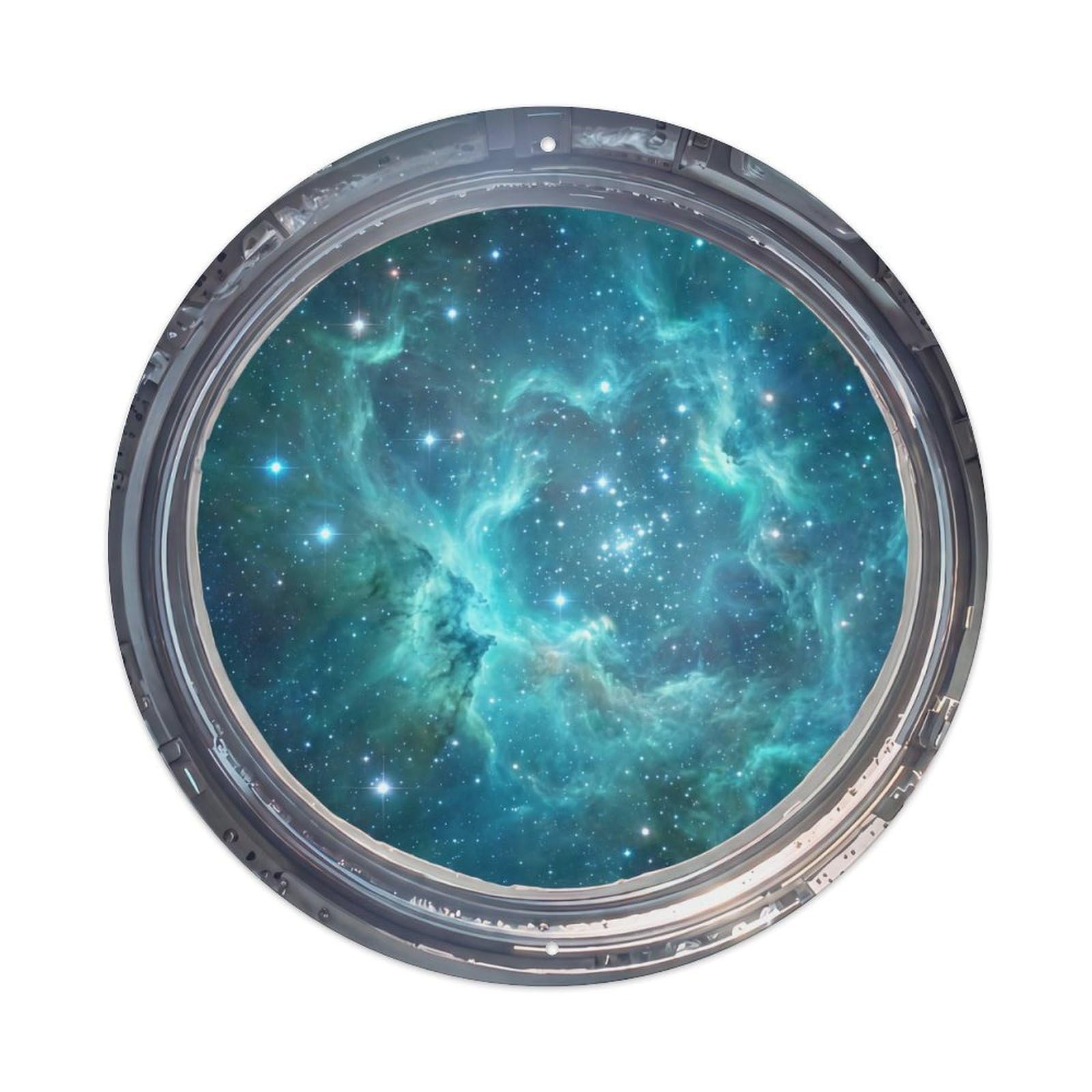 Metal Tin Sign Teal Cyan Nebula from Space Station Porthole