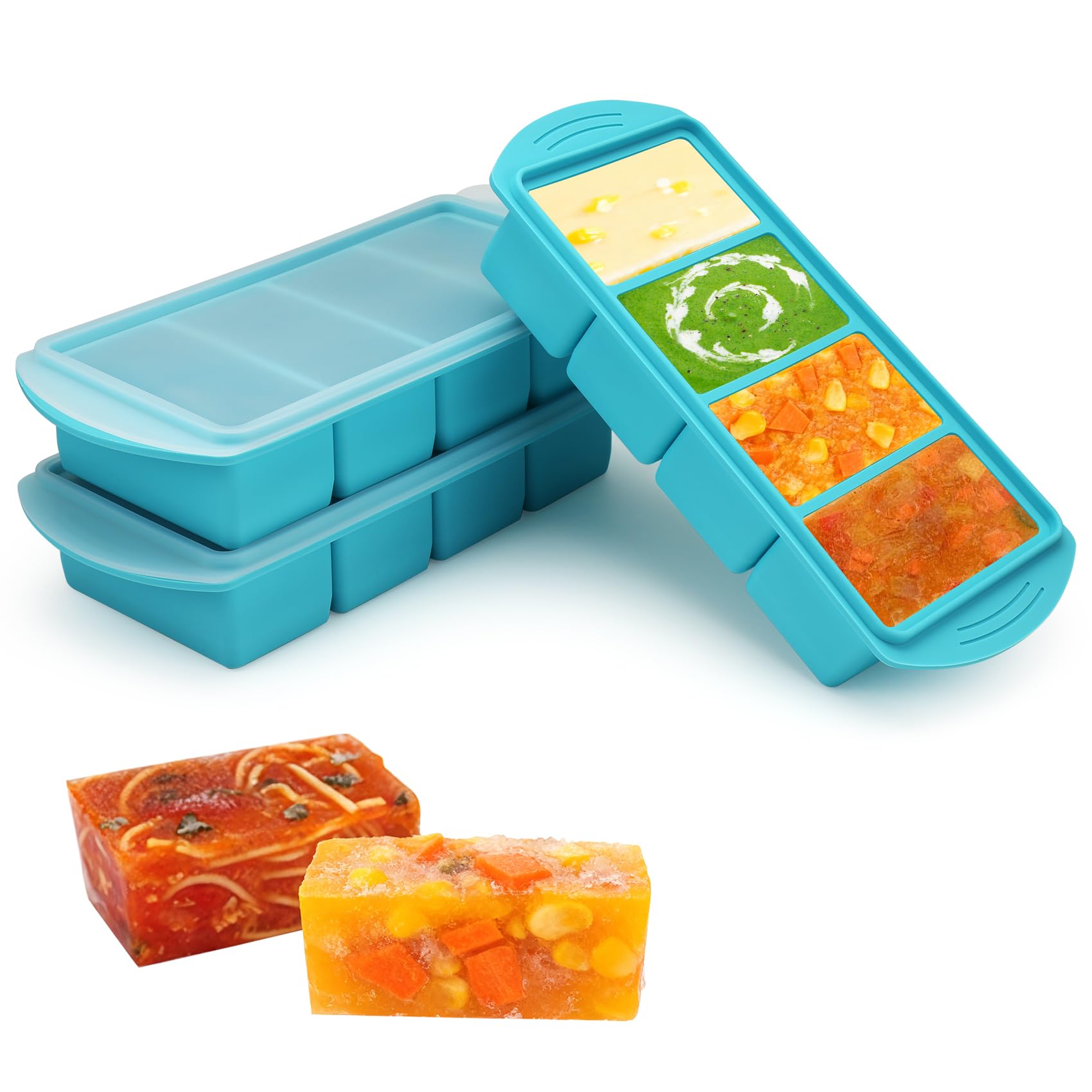 Clickinline Green Silicone Freezer Molds, 3 Pack Soup Cube Silicone Freezer Tray, 1000Ml Soup Freezer Containers With Lid, 4-Compartment Portions Cubes, Cube Freezer Tray For Meal Prep, Sauce (Green)