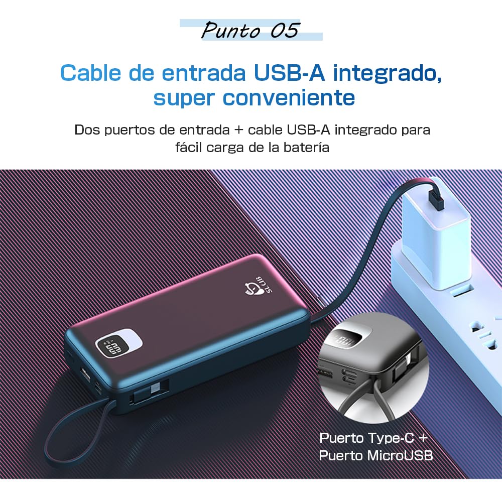 Power Bank 30000mAh Gran Capacidad–4 Cables Integrados(USB-A,Type-C,Micro,iOS)–Carga Rápida 2.1A,4 Dispositivos Simultáneos,Pantalla LED,Compatible,Certificación PSE,Emergencia Viaje,Blanco