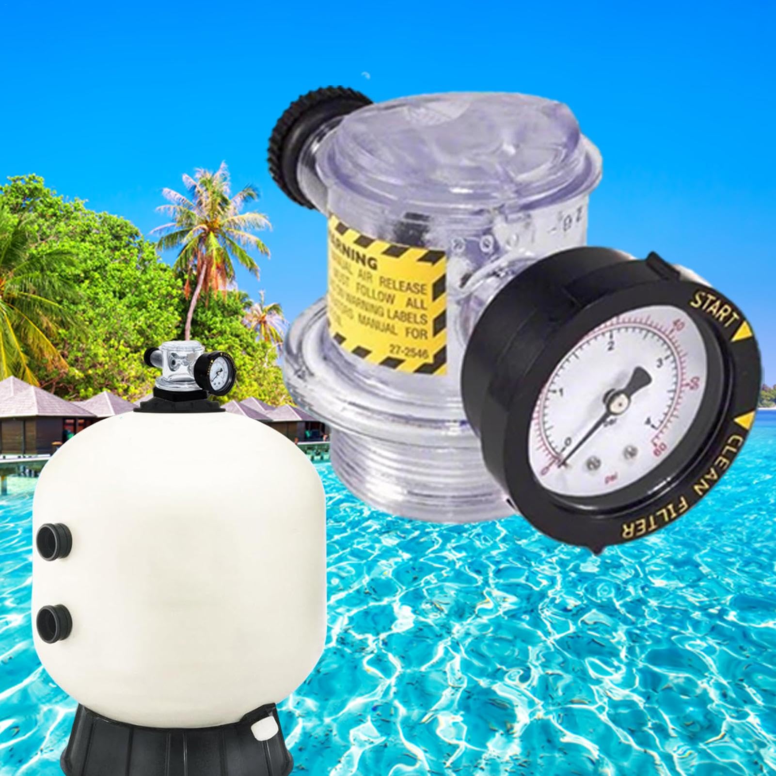 Valvola di rilascio 'aria per filtro piscina, valvola di rilascio del | filtro per piscina - Sostituzione della valvola di ventilazione con manometro,Valvola di sovrapressione 'aria ad alto